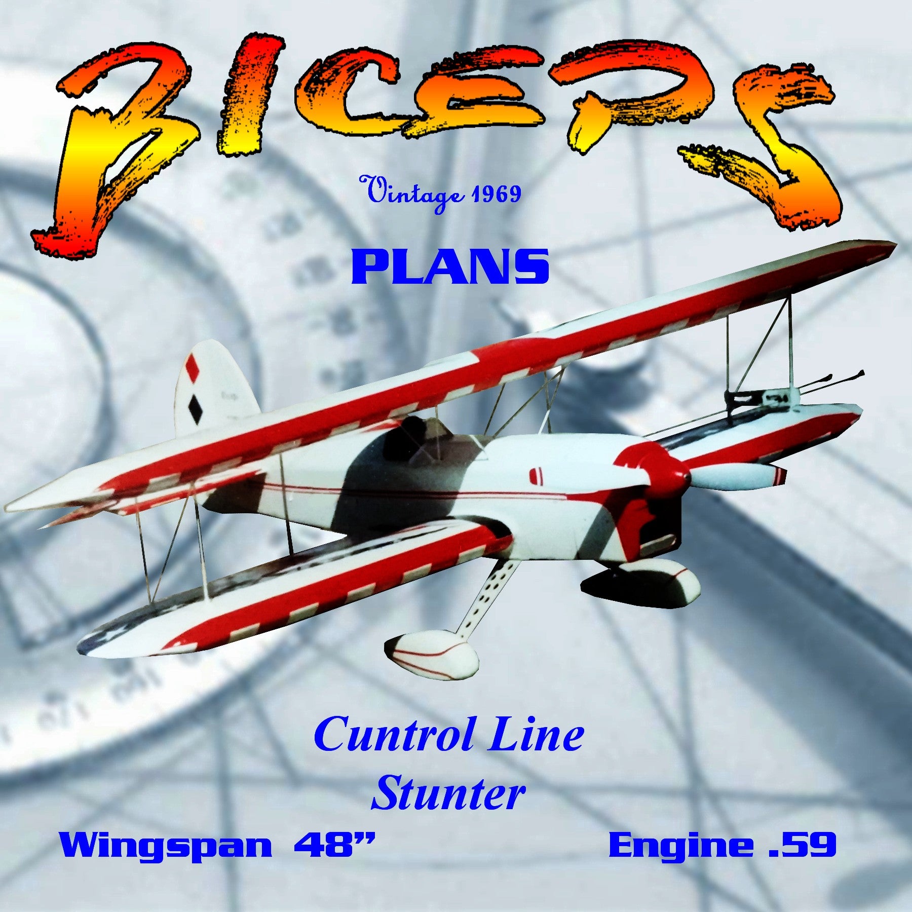 full size printed plan big-engine "biceps" bipe for sport and exhibition control-line flying,