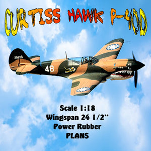 full size printed plans curtiss hawk p-40d scale 1:18  wingspan 24 ½”   power rubbe