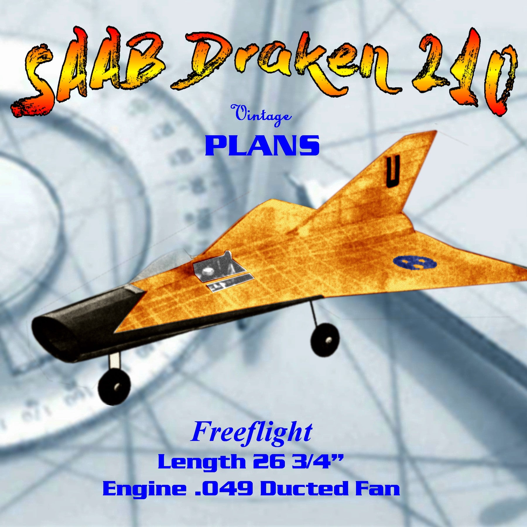 full size printed plan free flight scale plane saab draken 210  .049 ducted fan