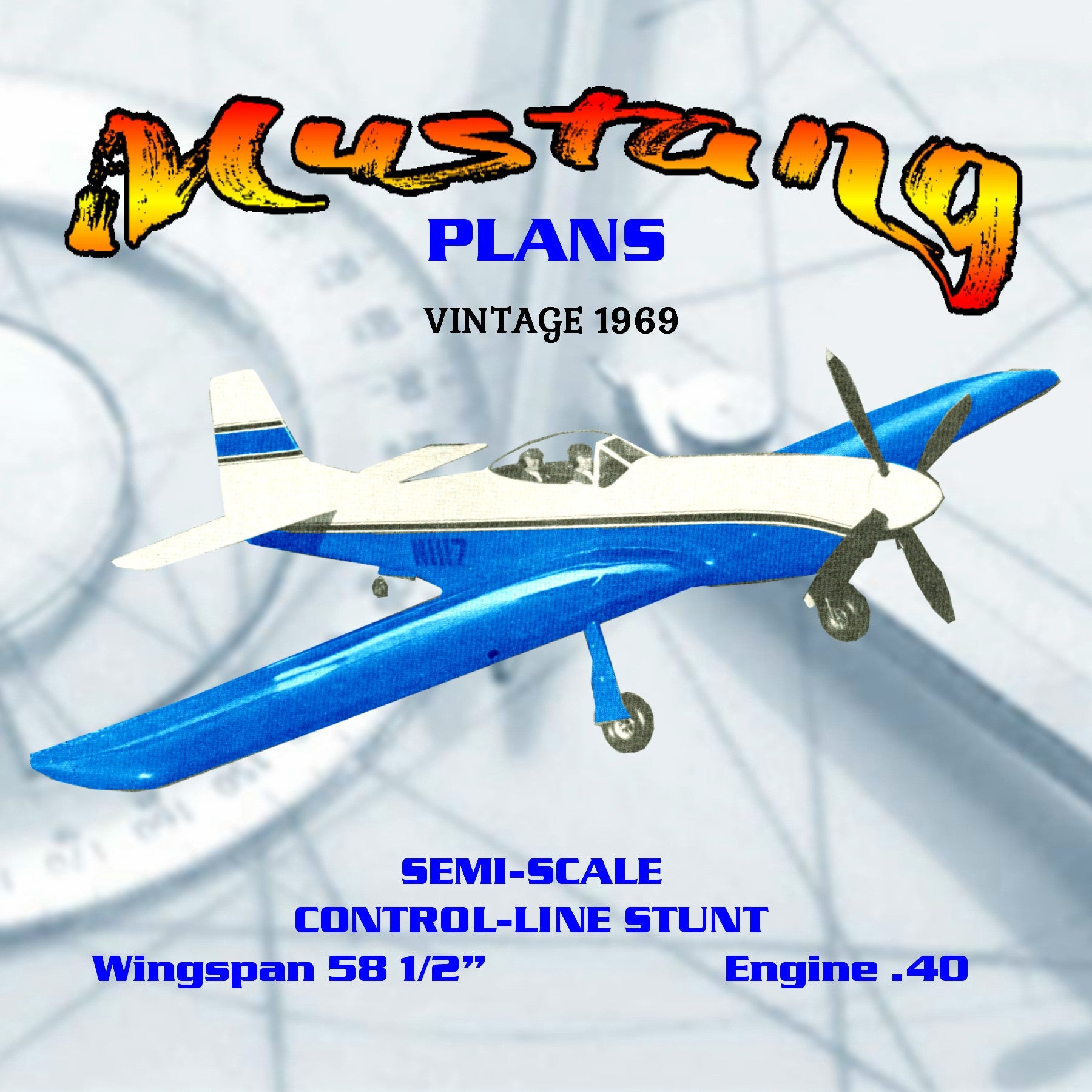 full size printed plans 1969 semi-scale control-line stunt mustang  contest-calibre stunter