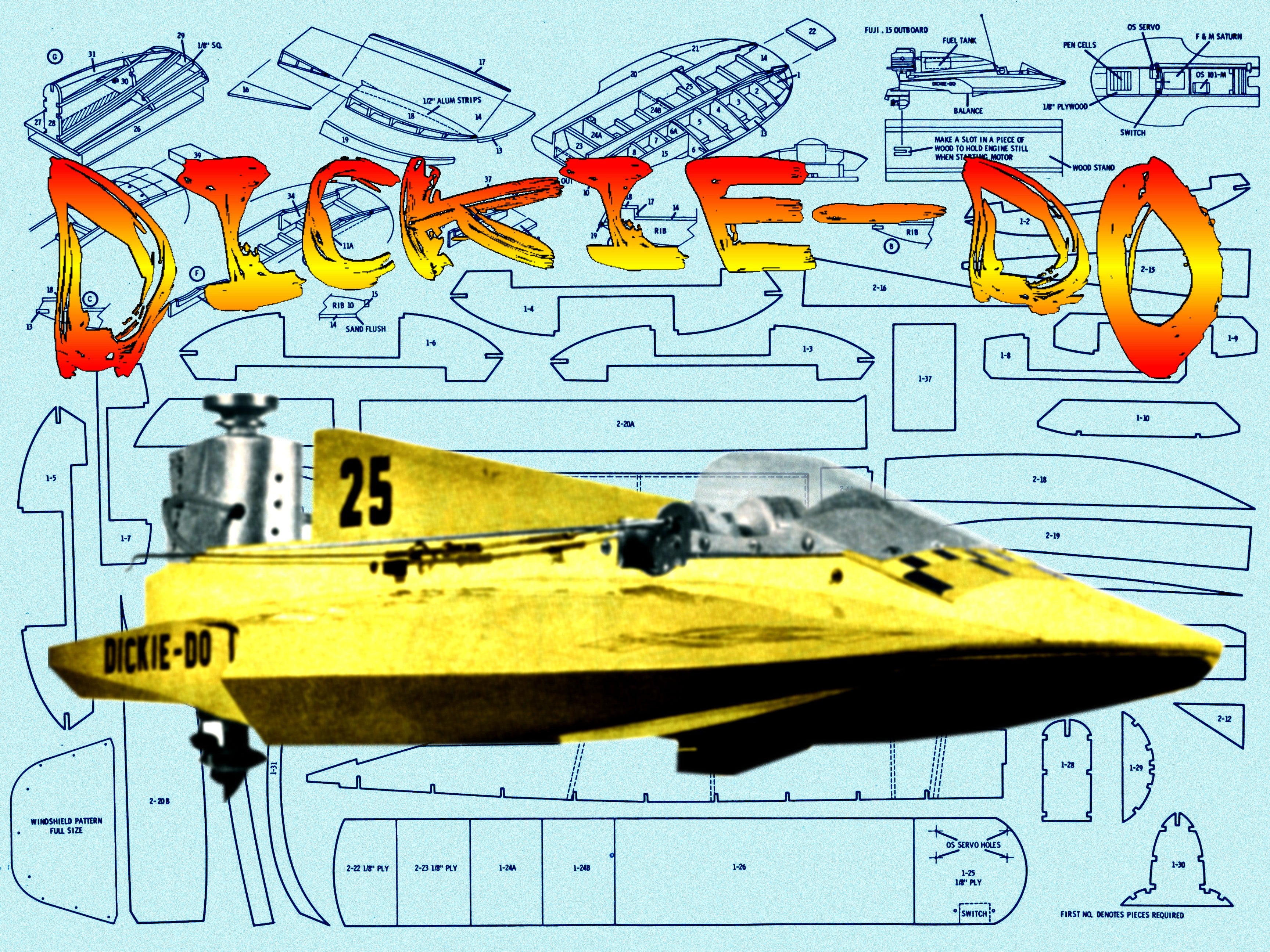 full size printed plans l 20” outboard racing hydroplane dickie-do for radio control