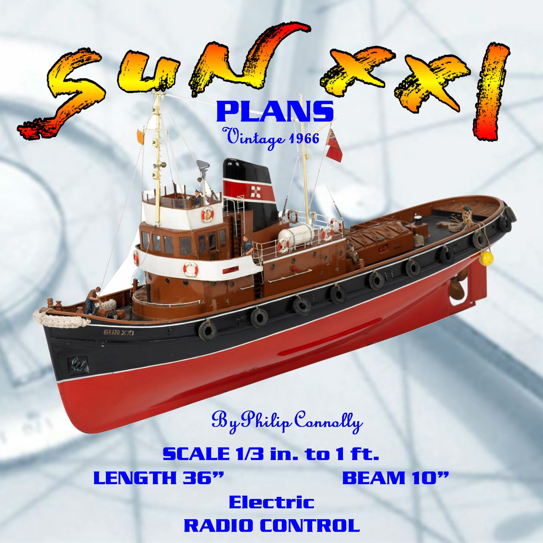 full size printed plan vintage 1966 modern tug model scale 1/3 in. to 1 ft. "sun xxi" for radio control