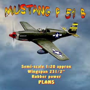 full size printed plan mustang p 51 b semi-scale 1:20 approx  wingspan 231/2”  rubber power