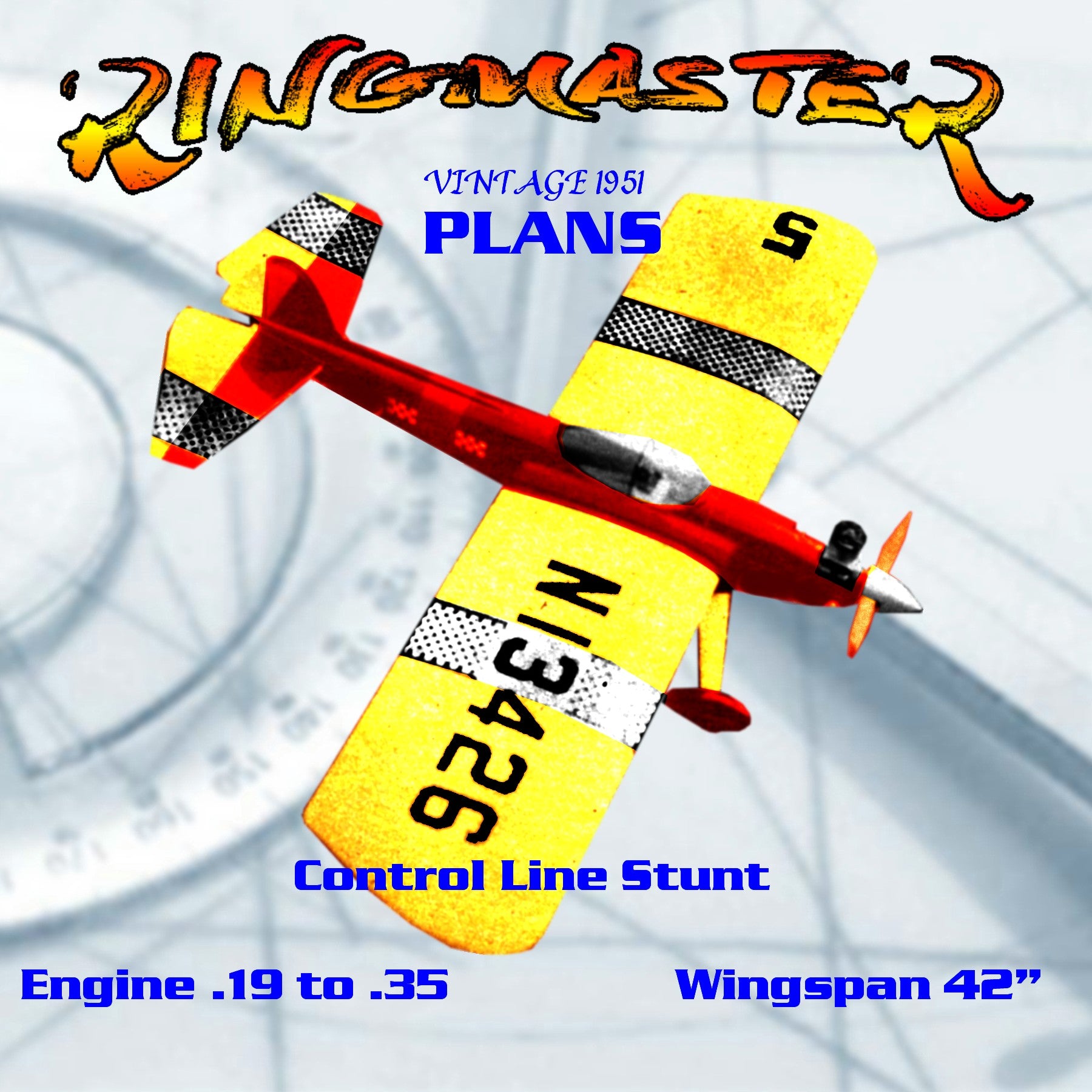 full size printed plan vintage 1951 control line stunt  .19 to .35 ringmaster  tried and proven stunt ship