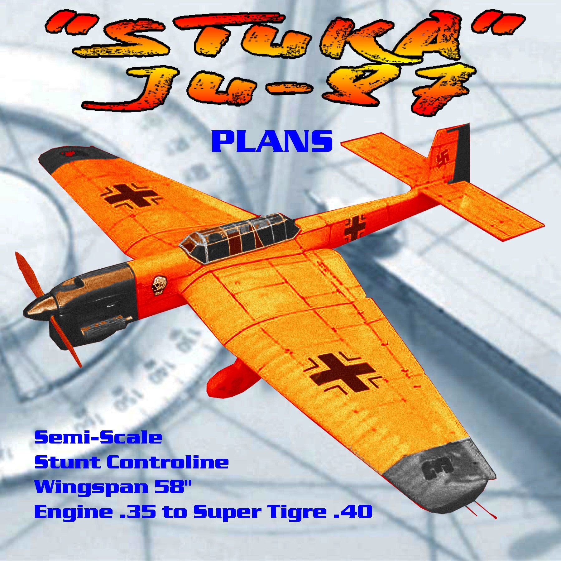 full size printed plan 1970 control line stunt wingspan 58"  engine .35 to super tigre .40 "stuka" ju-87