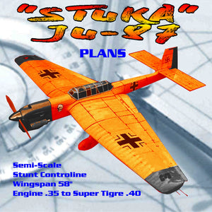 full size printed plan 1970 control line stunt wingspan 58"  engine .35 to super tigre .40 "stuka" ju-87