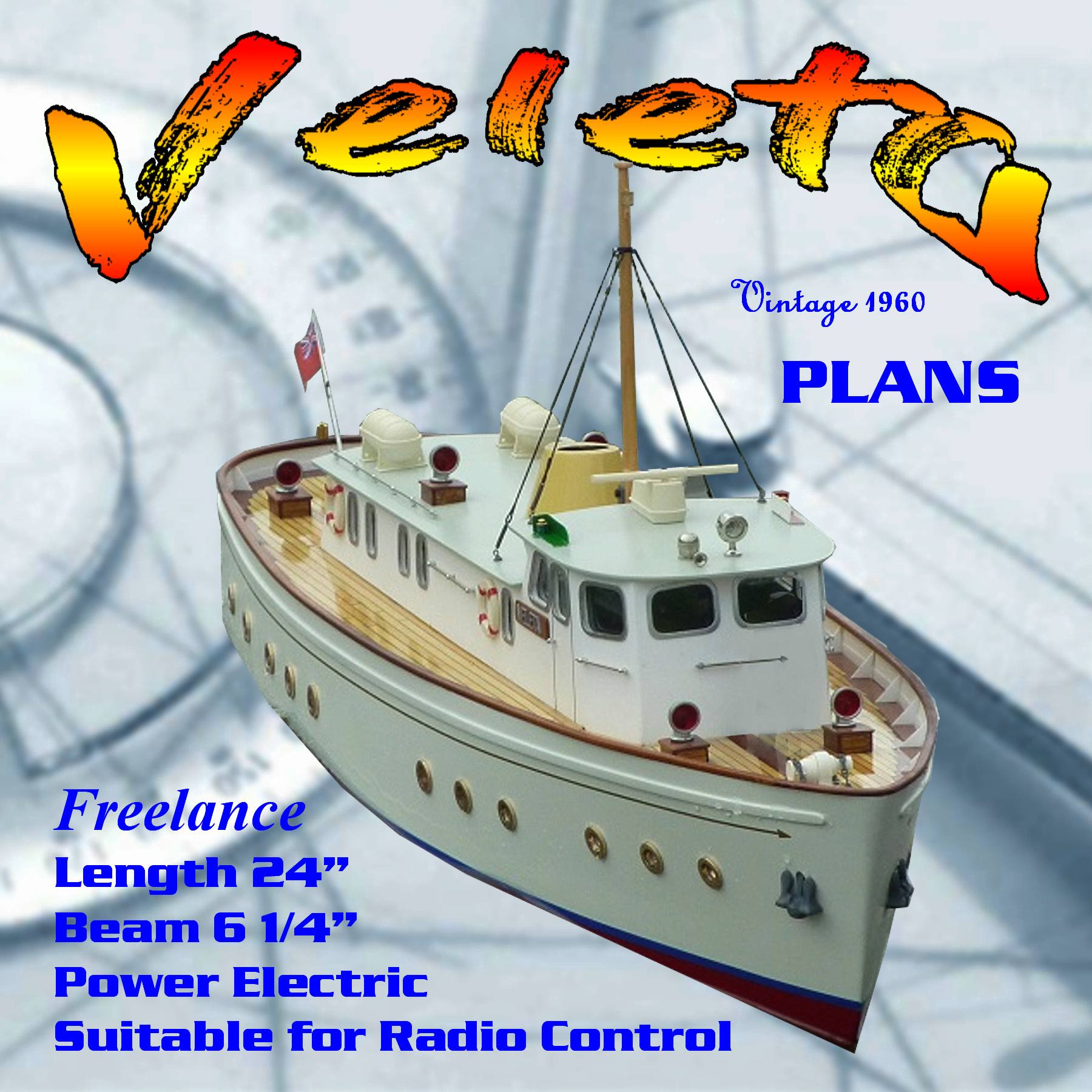 full size printed plans to build a simple 24in. all-balsa motor yacht for radio control. veleta
