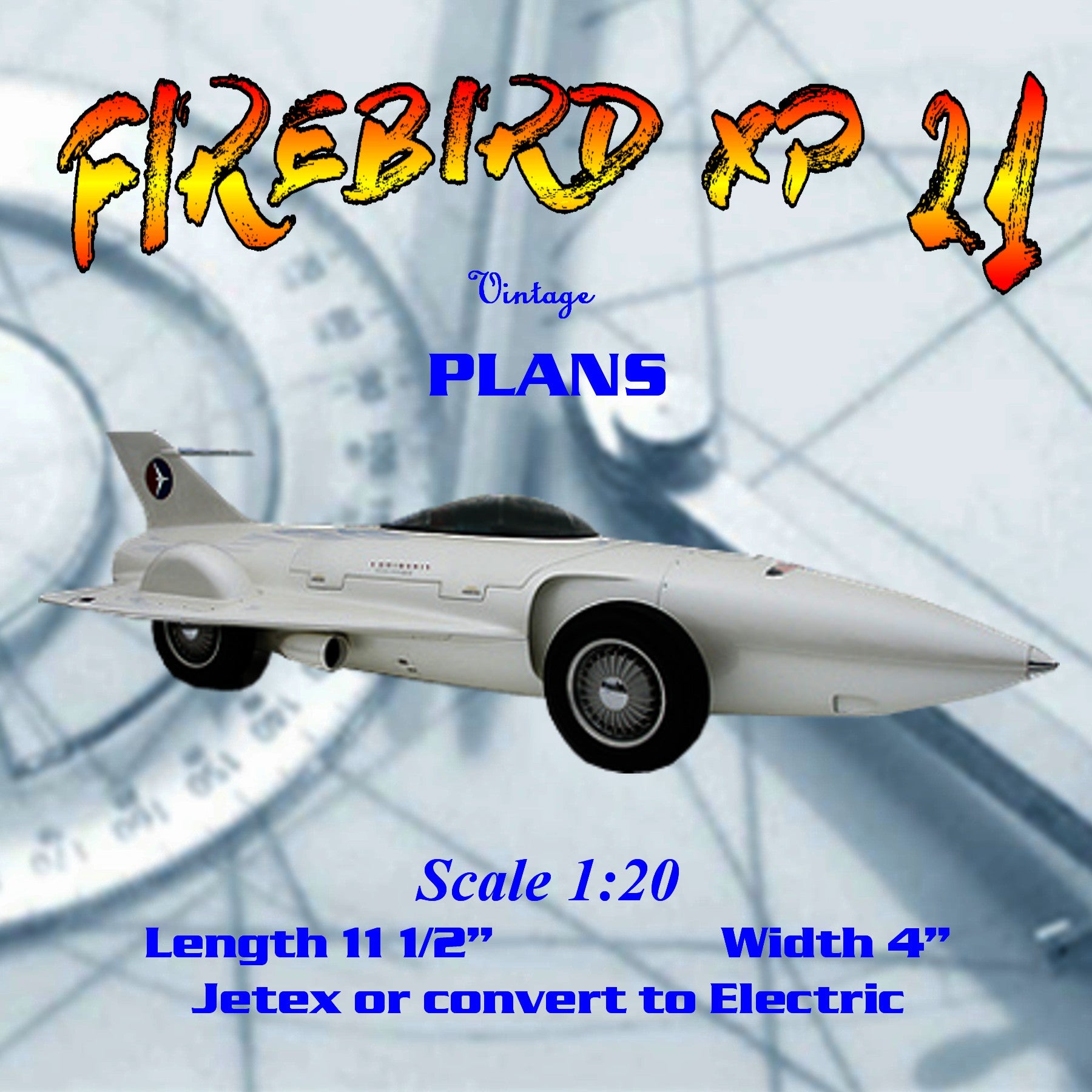 full size printed plan scale 1:20 firebird xp 21 jetex 50 motor  or  convert to electric