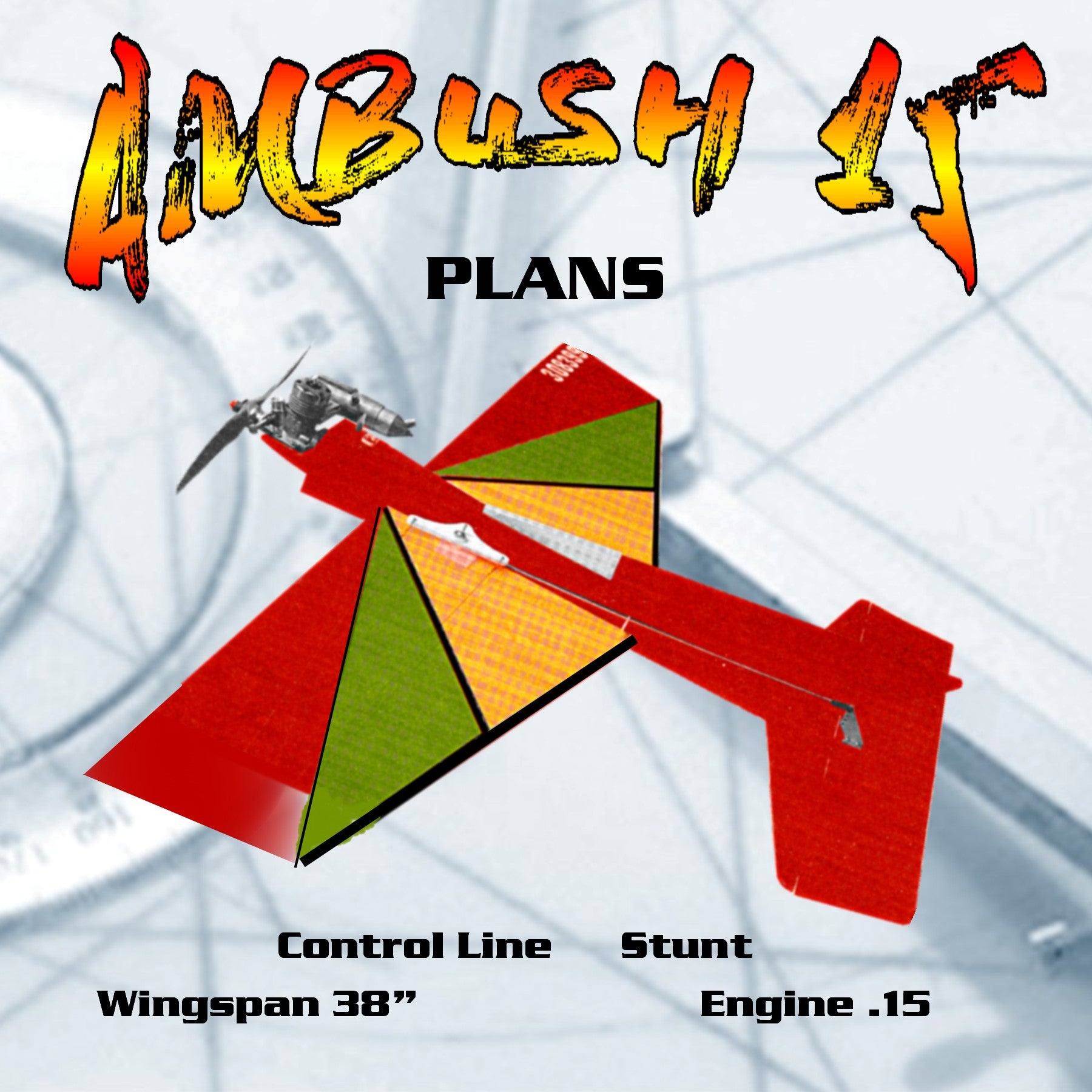 full size printed plans  control line stunt wingspan 38”  engine .15  ambush 15 by allen w. brickhaus