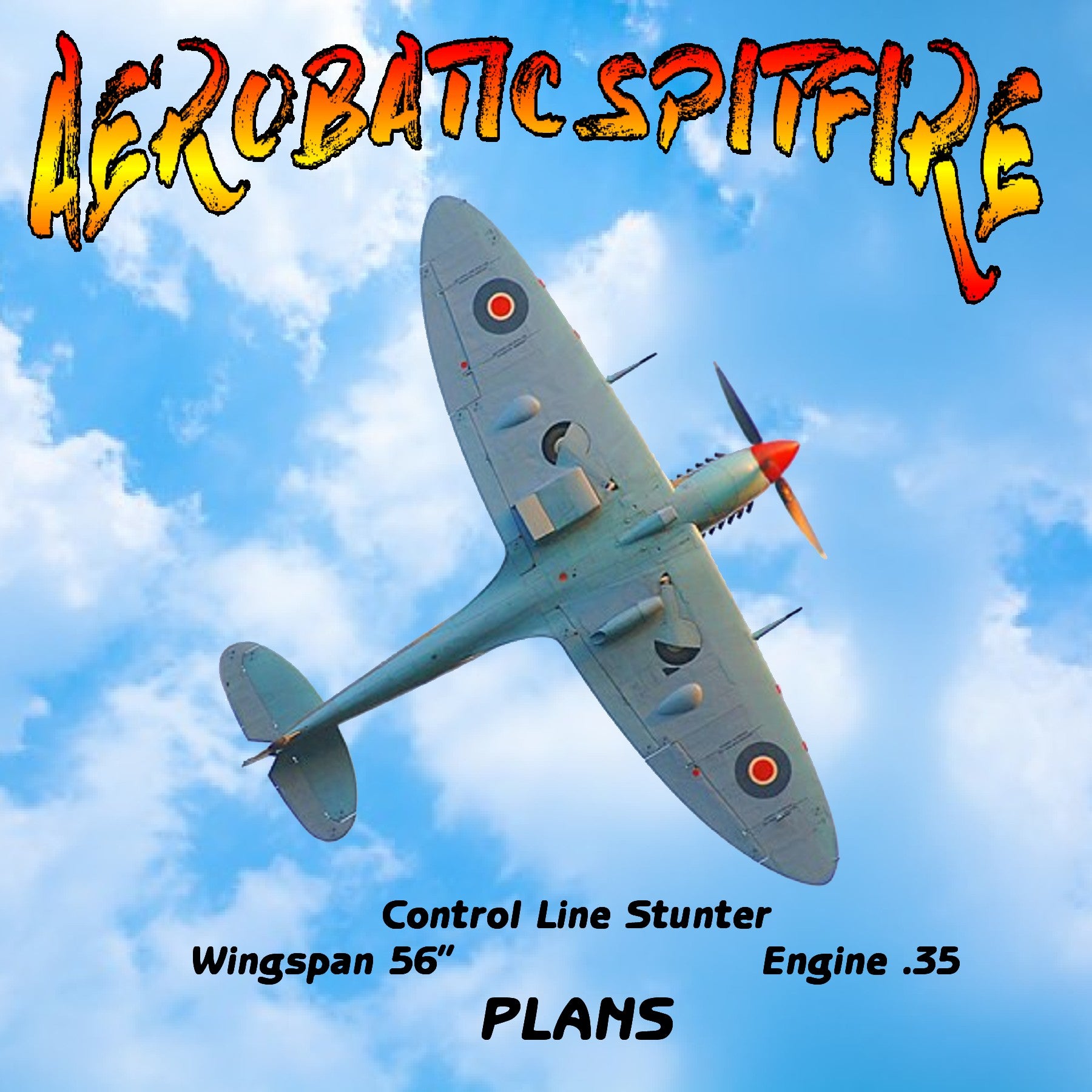 full size printed plan aerobatic spitfire control line stunt  wingspan 56"  engine .35