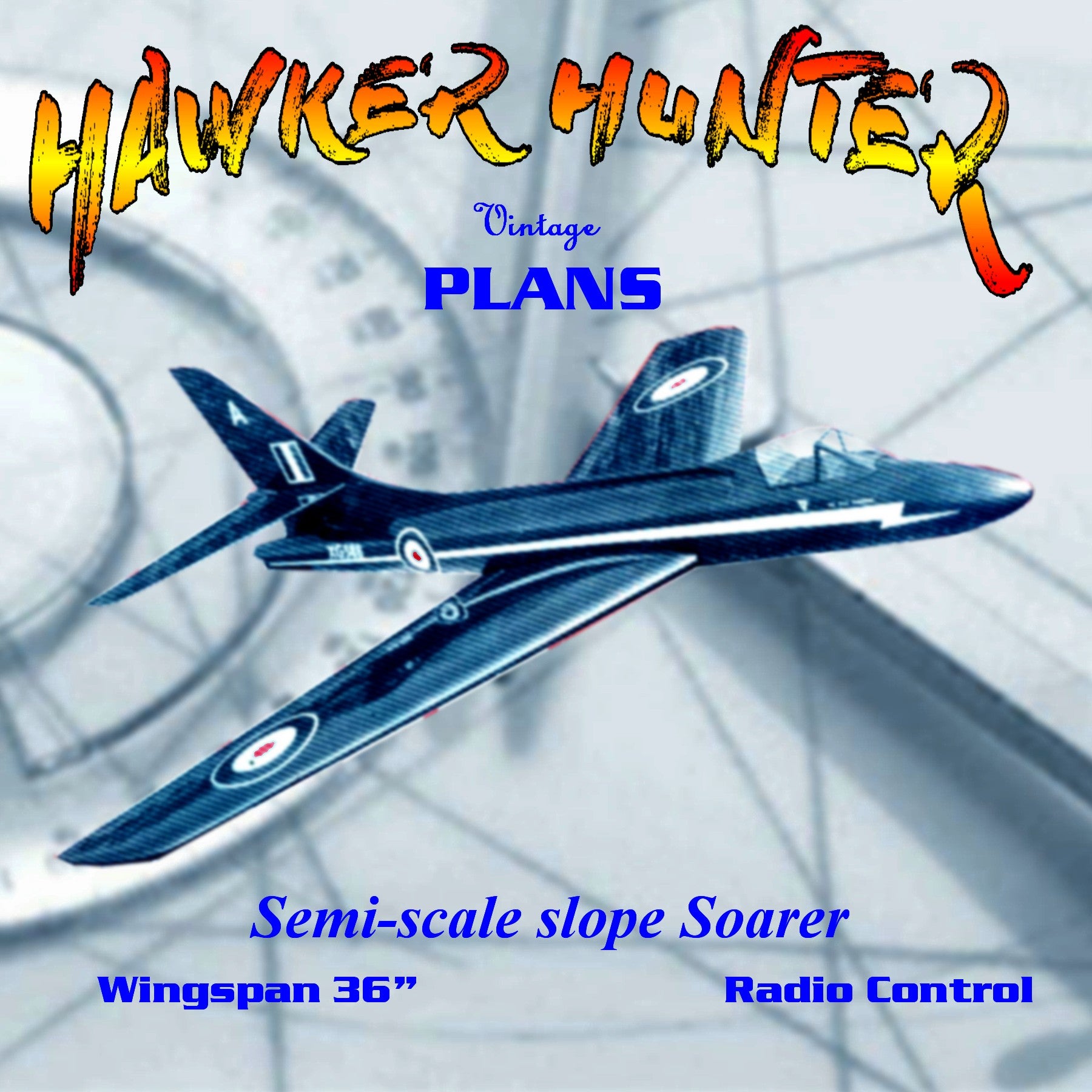 full size printed plan semi-scale hawker hunter glider w/s 36" for ragio control