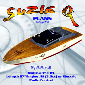 full size printed plan vintage 1965 semi-scale offshore power boat racer "suzie q" for radio control