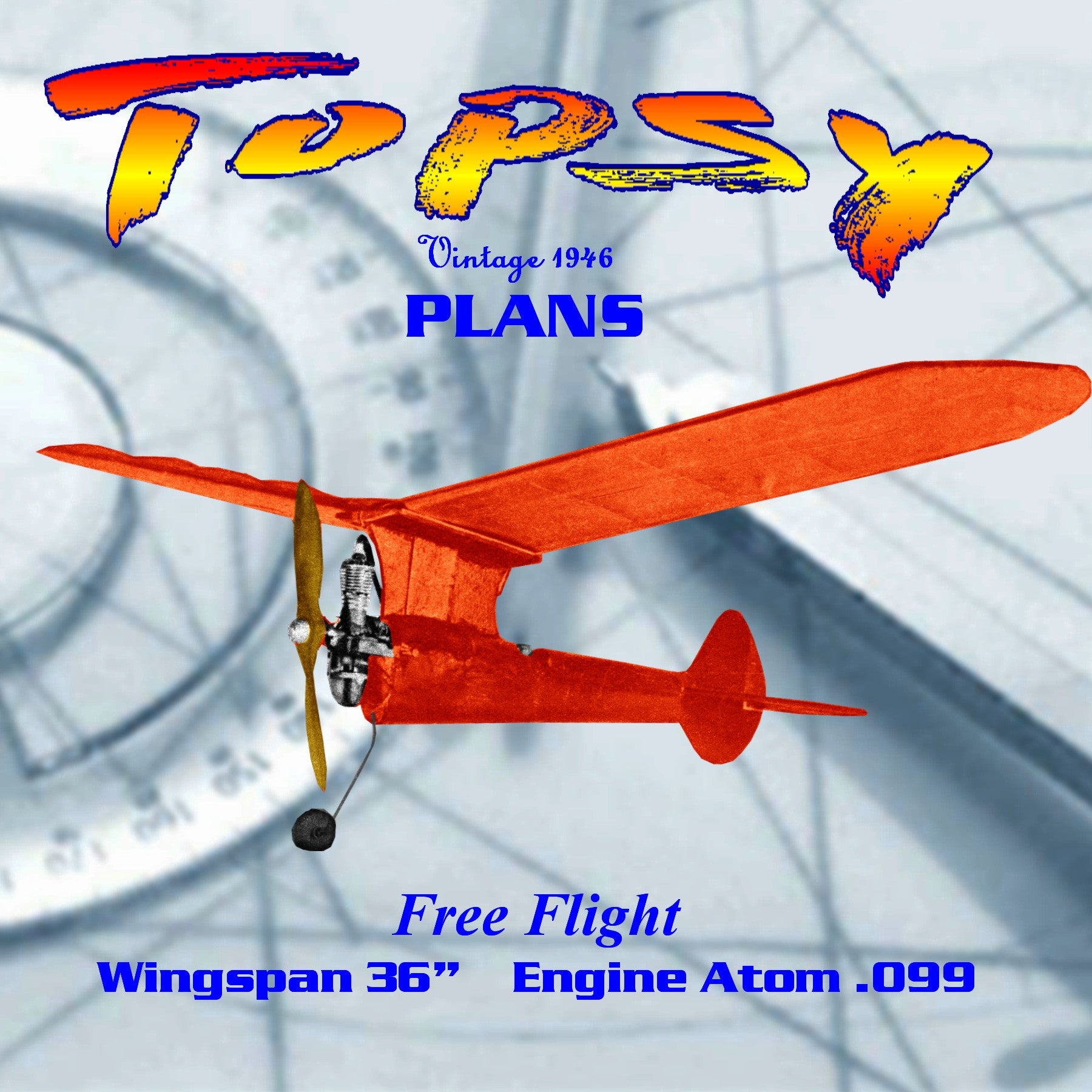 full size printed plan from 1946 free flight "topsy" wingspan 36”  original engine atom .099