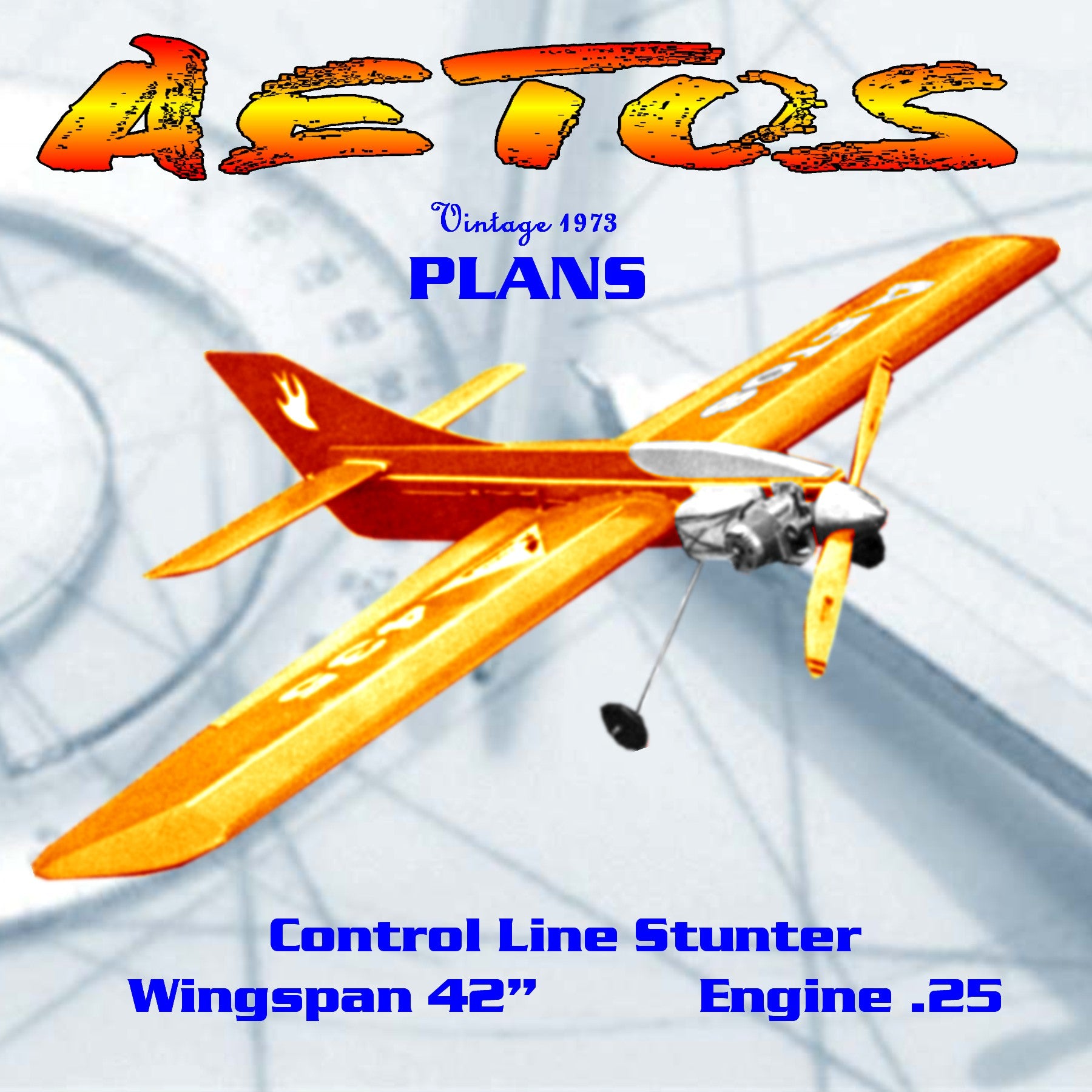 printed plan vintage 1973 control line stunter "aetos" profile look does not stop its performance.