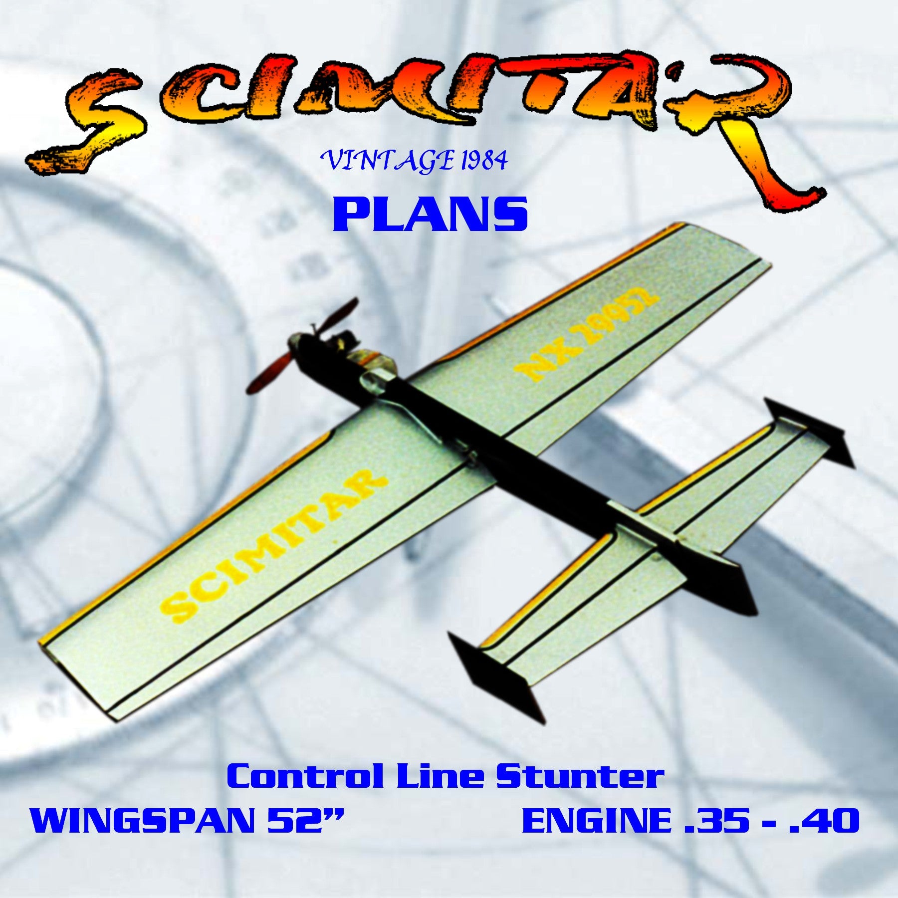full size printed plan vintage 1984 control line stunter  .35 - .40 scimitar   constructed for easy repair in the event of damage.