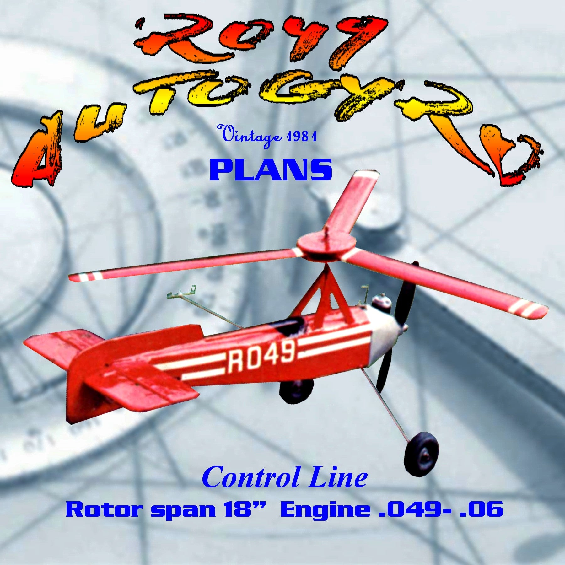 full size printed plan control line  r049 autogyro rotor span 18”   for.049 - .06