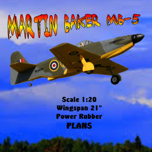 full size printed plan  martin baker mb-5 scale 1:20  wingspan 21"  power rubber