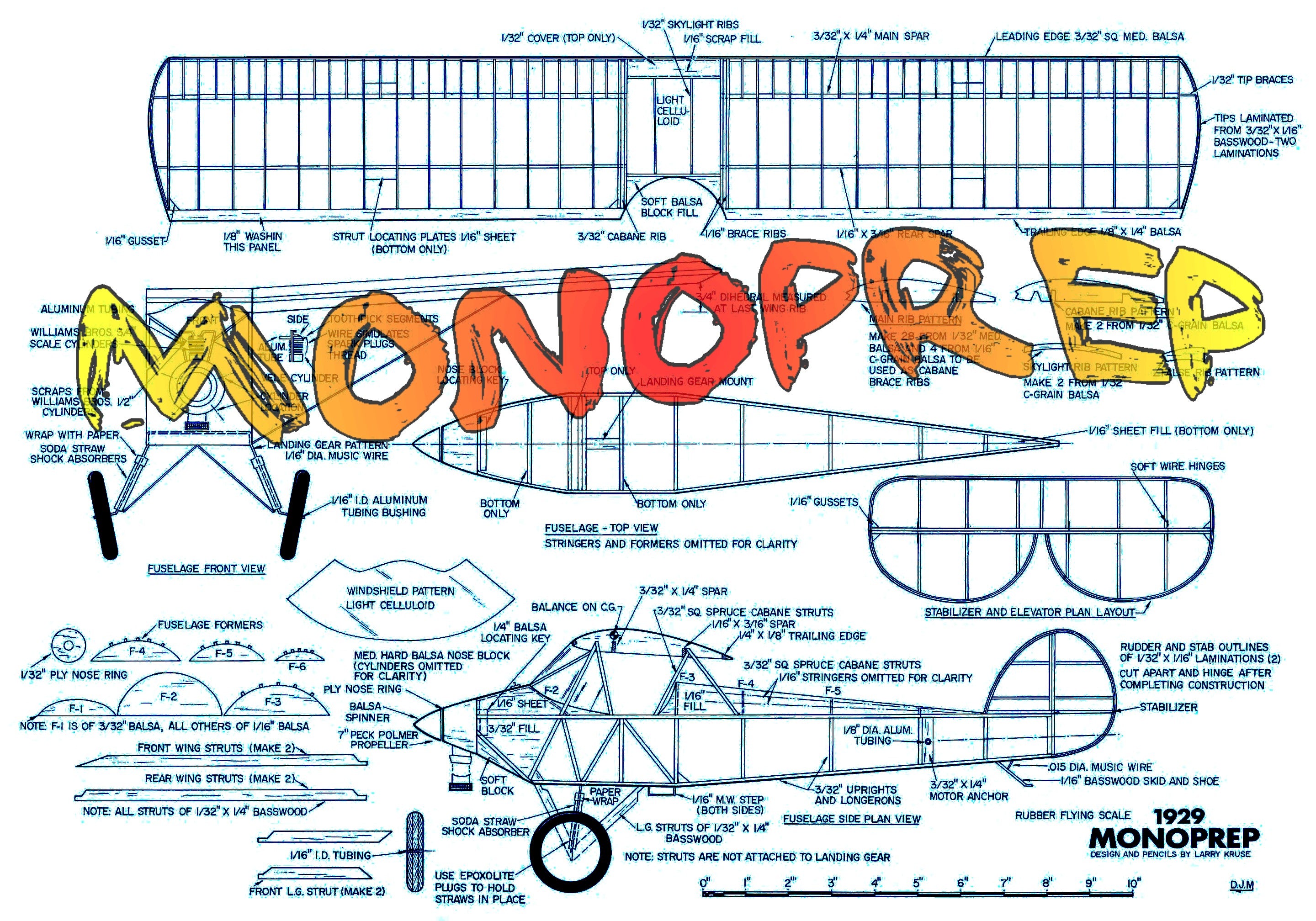 full size printed plan and building notes 1929  monoprep scale 1:16  w/s 24”  power rubber