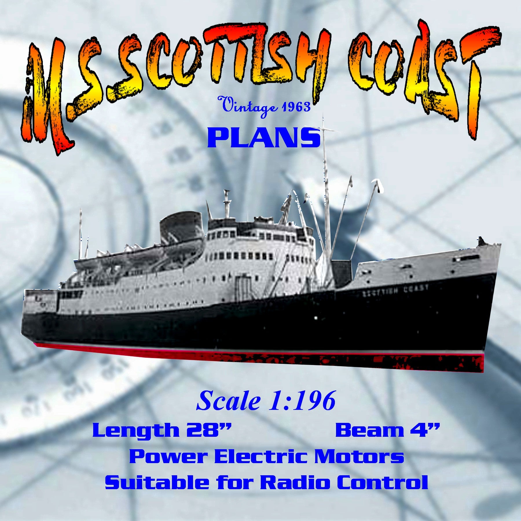 sea ferry semi scale 1:196 28" m.v. scottish coaster full size printed plan & article for radio control