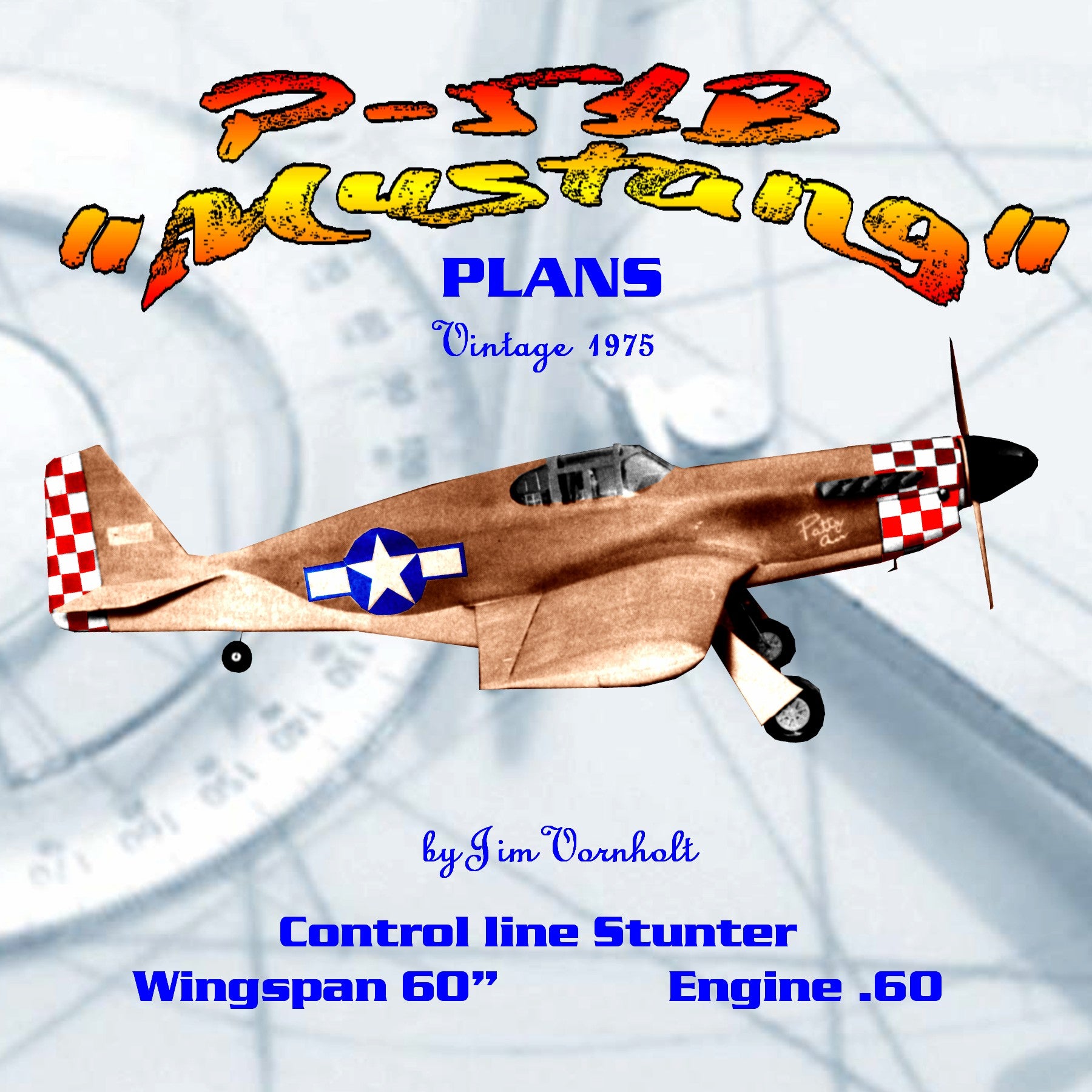 full size printed plans vintage 1975 semi-scale stunt  control line "p-51b mustang"