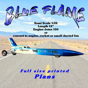 full size printed plan   blue flame semi scale 1:32  length 13”  engine jetex 150 orconvert to rocket or small ducted fan