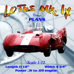 full size printed plan 1/12 scale, lotus mk. ix  for .03 - 09 ci or .5 - 1.5 cc  motors, rail or cable track