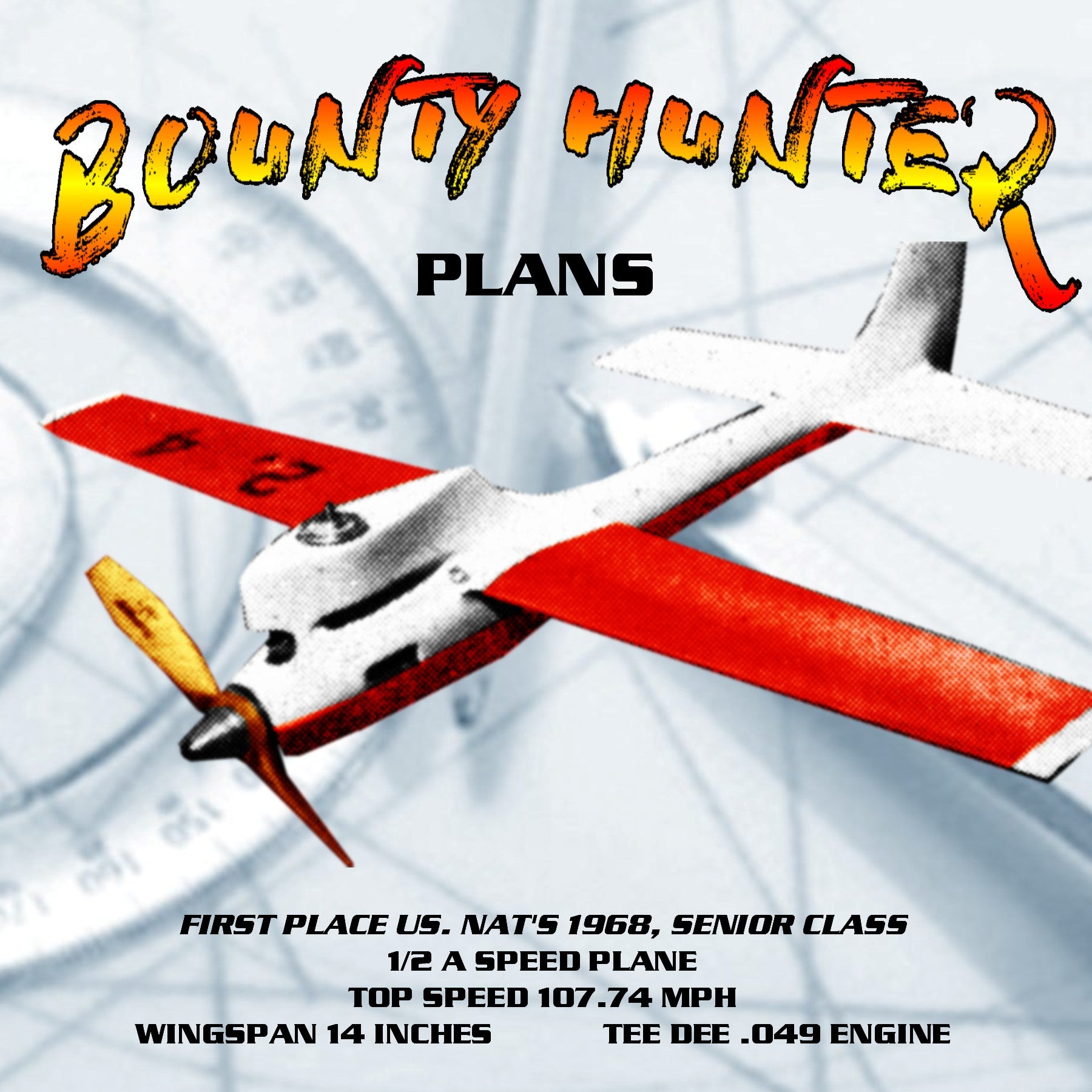 full size printed plan 1973 1/2 a control line speed  bounty hunter w/s 14 inches ,tee dee .049 engine