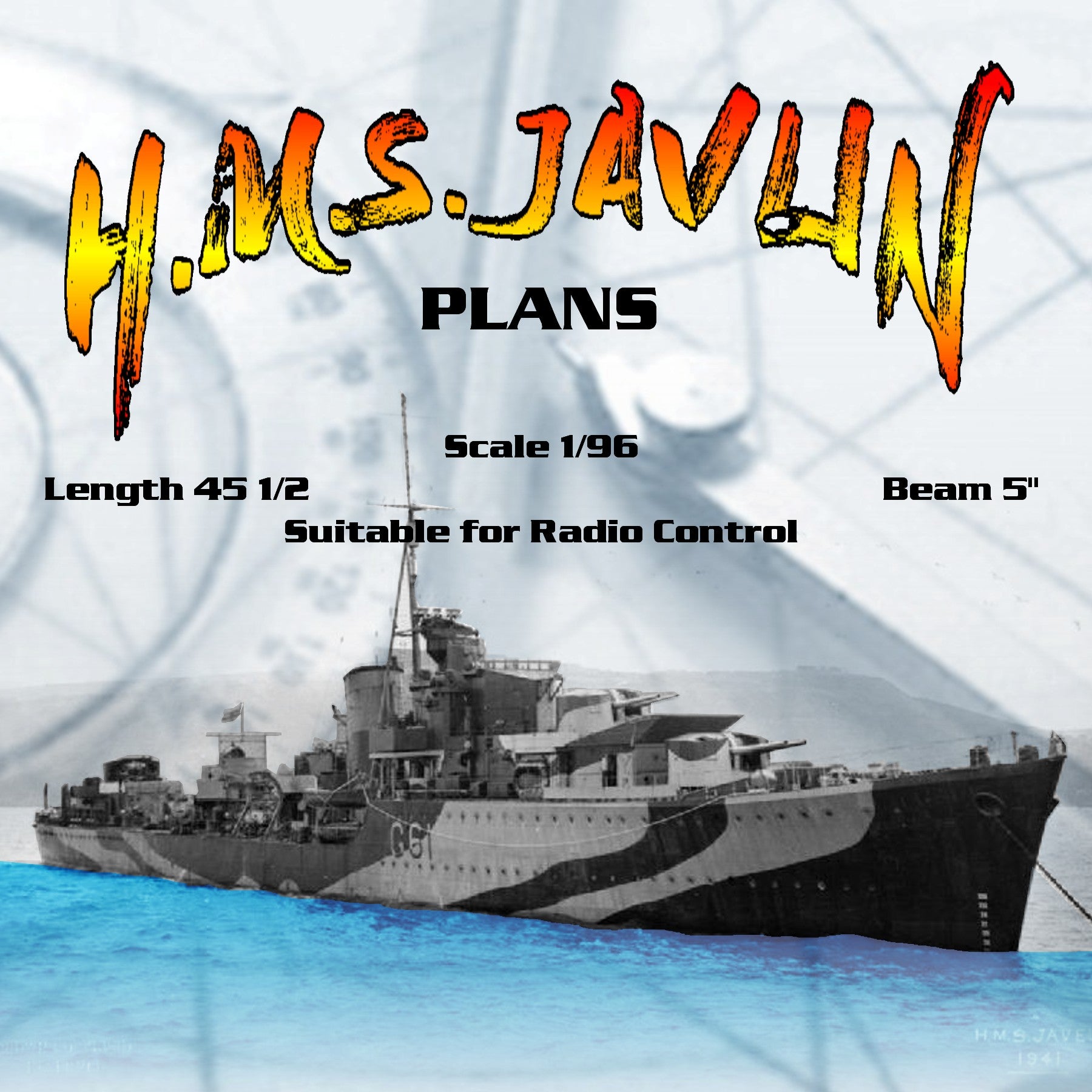 full size printed plans scale 1/96 j class destroyer h.m.s. javlin l 45 1/2" suitable for radio control