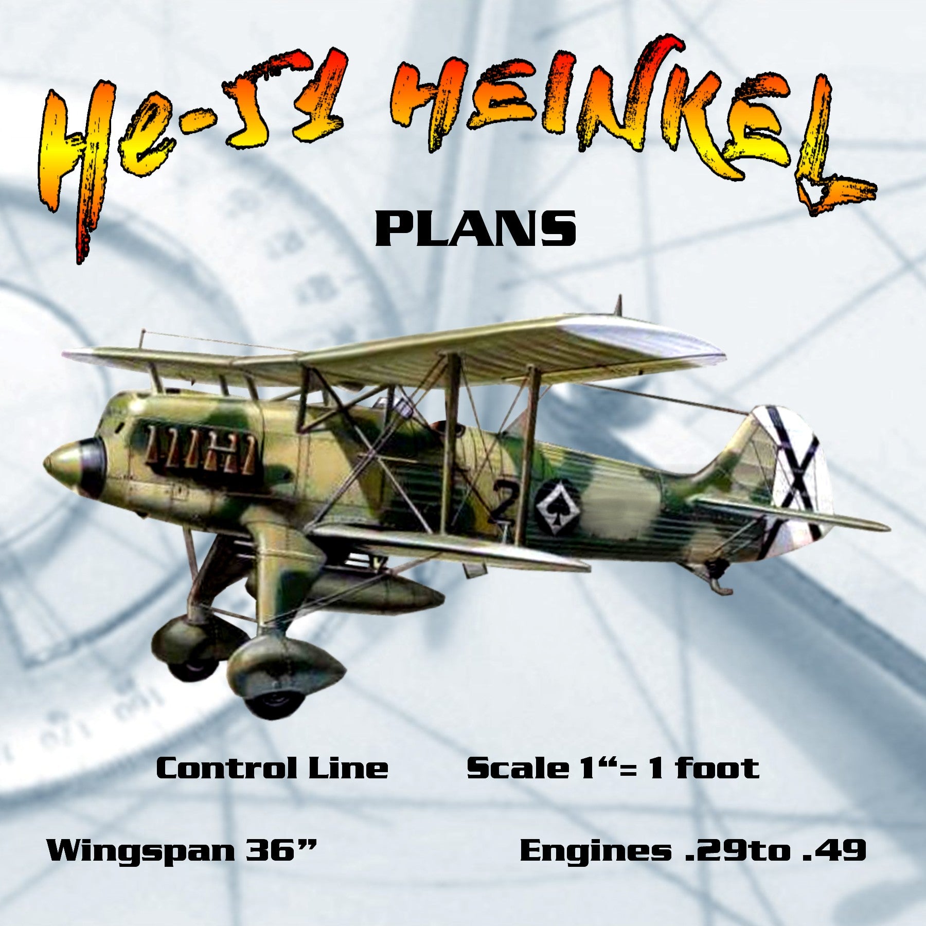 full size printed plans scale 1“= 1 foot control line he-51 wingspan 36”  engines .29 to .49