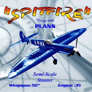 full size printed plan 1968 semi scale spitfire control line stunt  wingspan 50”  engine .35