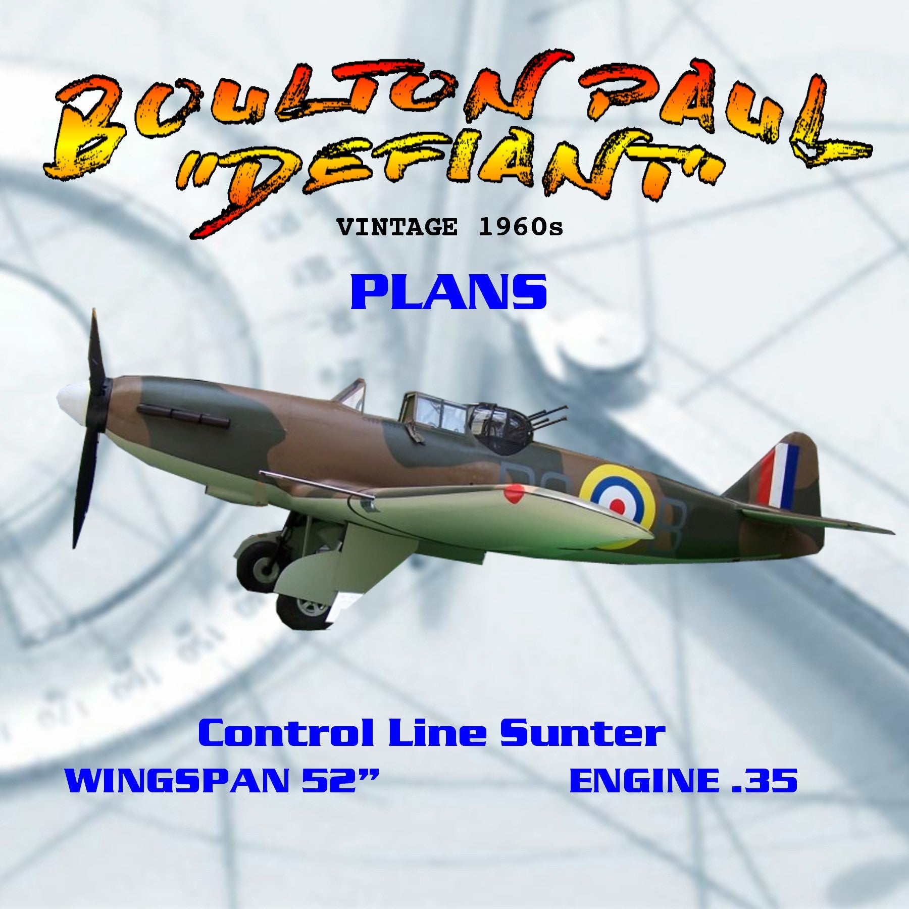 full size printed plan vintage 1960 s  semi-scale control line stunter boulton paul "defiant"