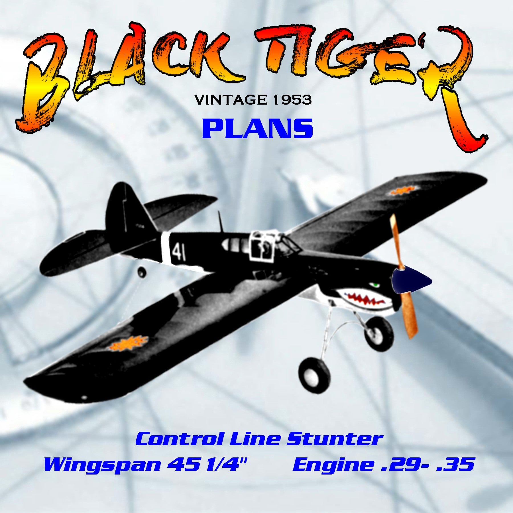 full size printed plan vintage  1953 control line stunter "black tiger"  simple in design, simple in construction