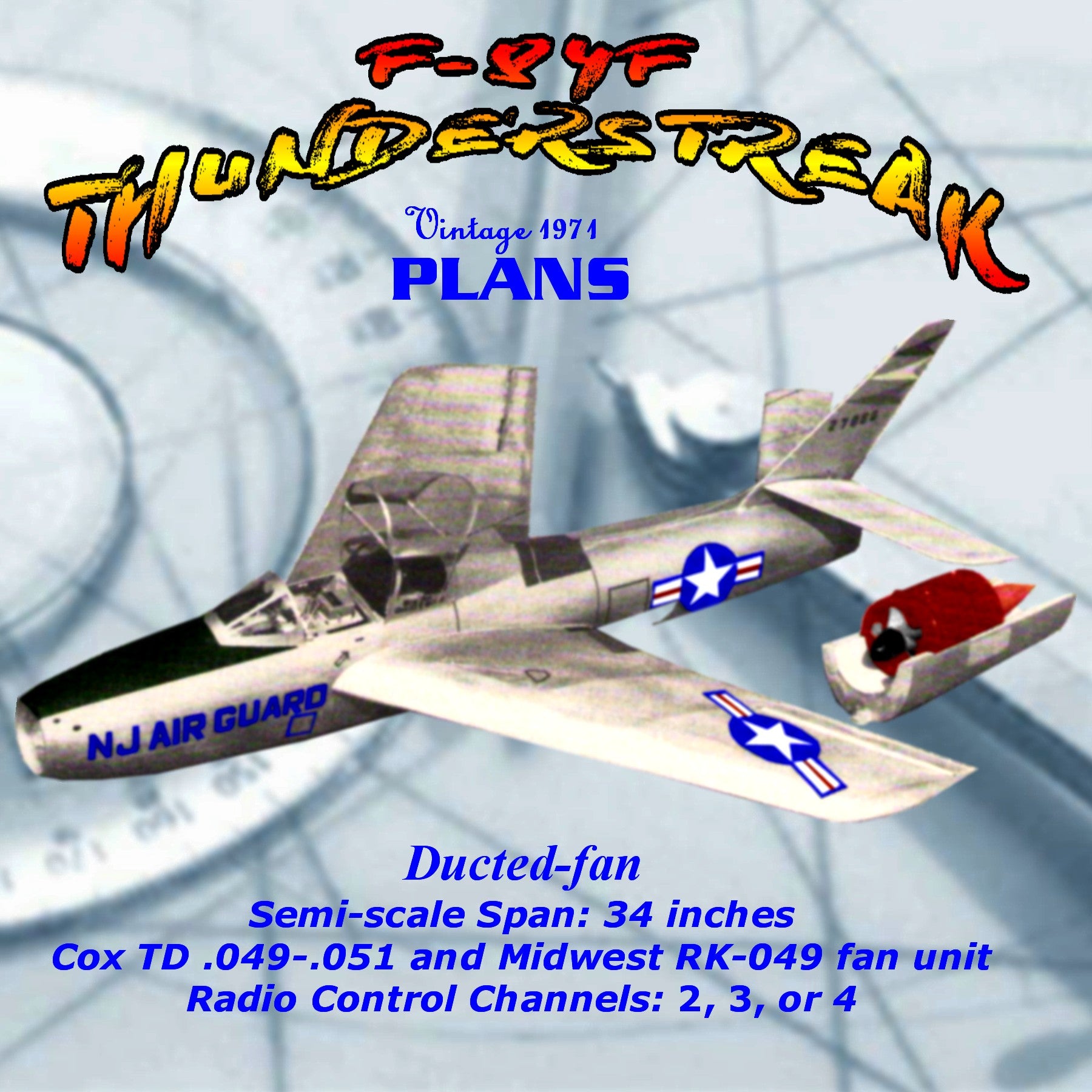 full size printed plan semi-scale ducted-fan, for radio control republic f-84f thunderstreak