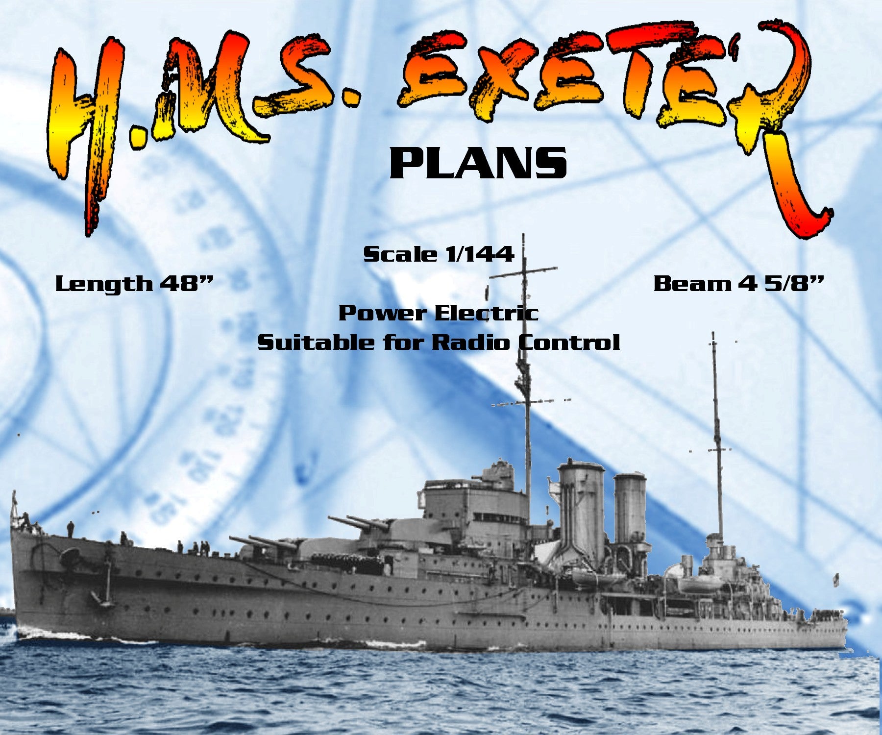 full size printed line drawings scale 1/144 york-class heavy cruiser h.m.s. exeter suitable for radio control