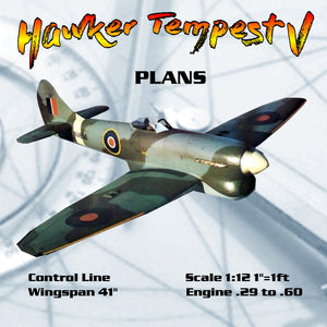 full size printed plans scale 1:12 control line wingspan 41" hawker tempest v