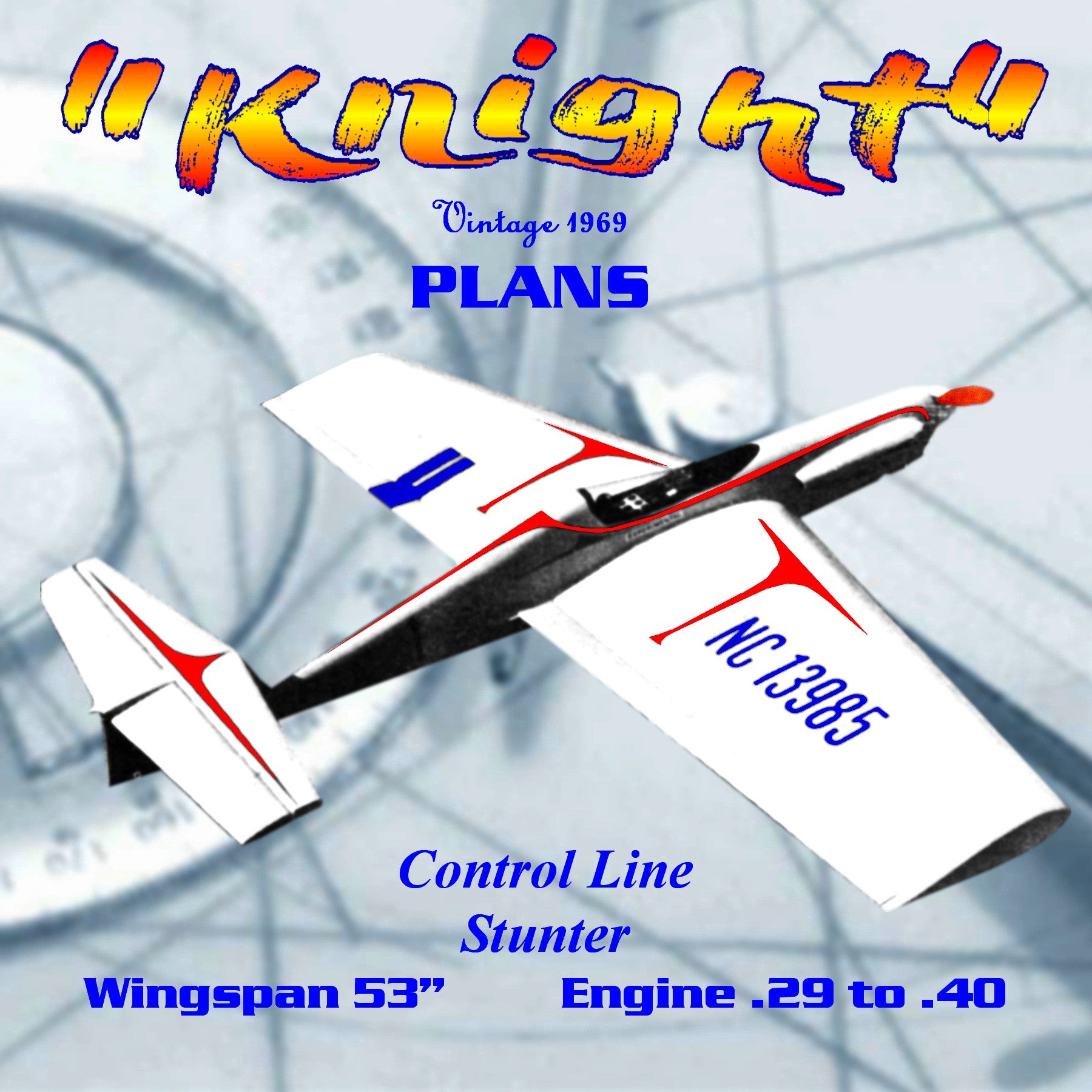 full size printed plan 1969 control line stunt  wingspan 53" the"knight" engine .29 to .40