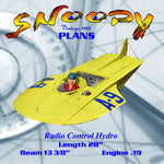 full size printed plan 1968 record breaking hydro "snoopy" l 28” b 13 3/8”  engine .19 for radio control