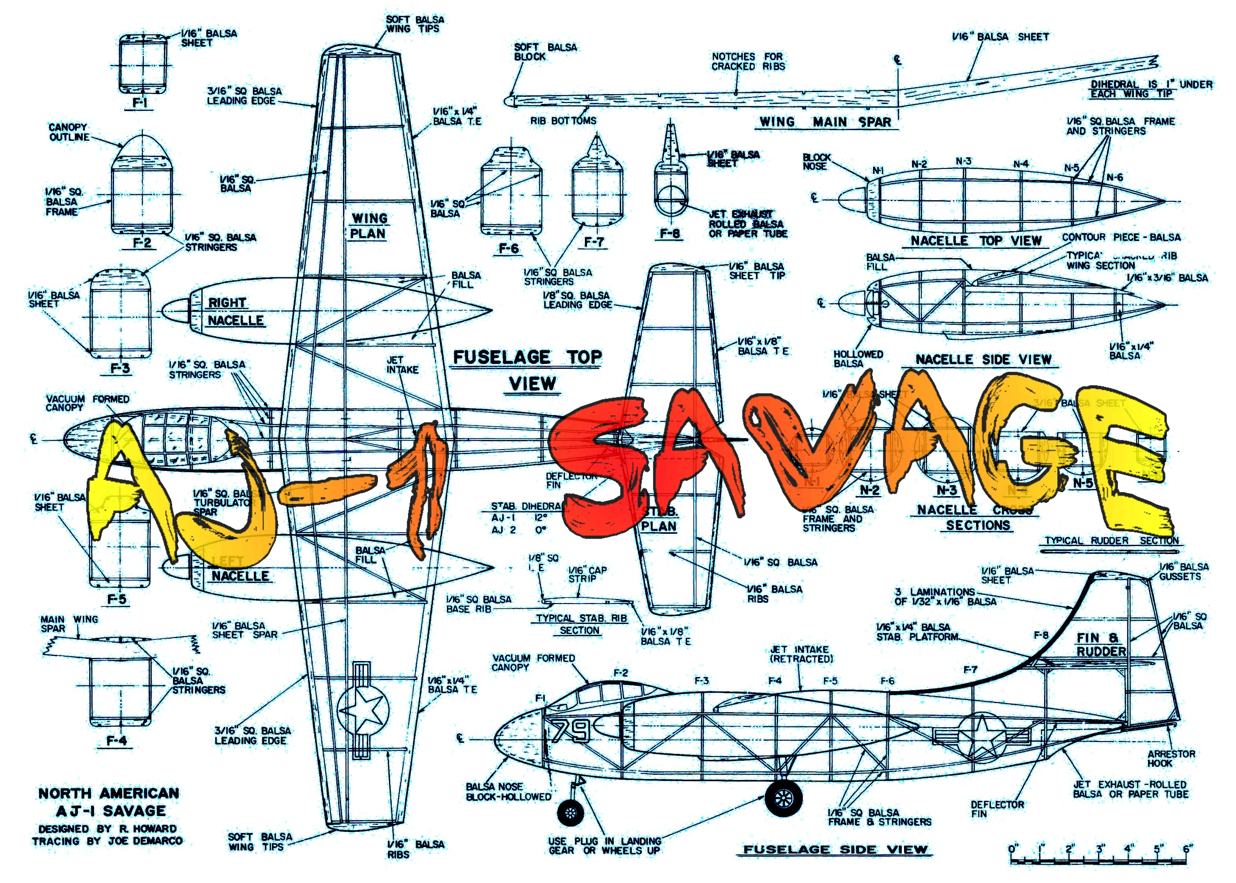 full size printed plan and building notes aj-1 savage 1:32 w/s 26 ¾”  power twin rubber