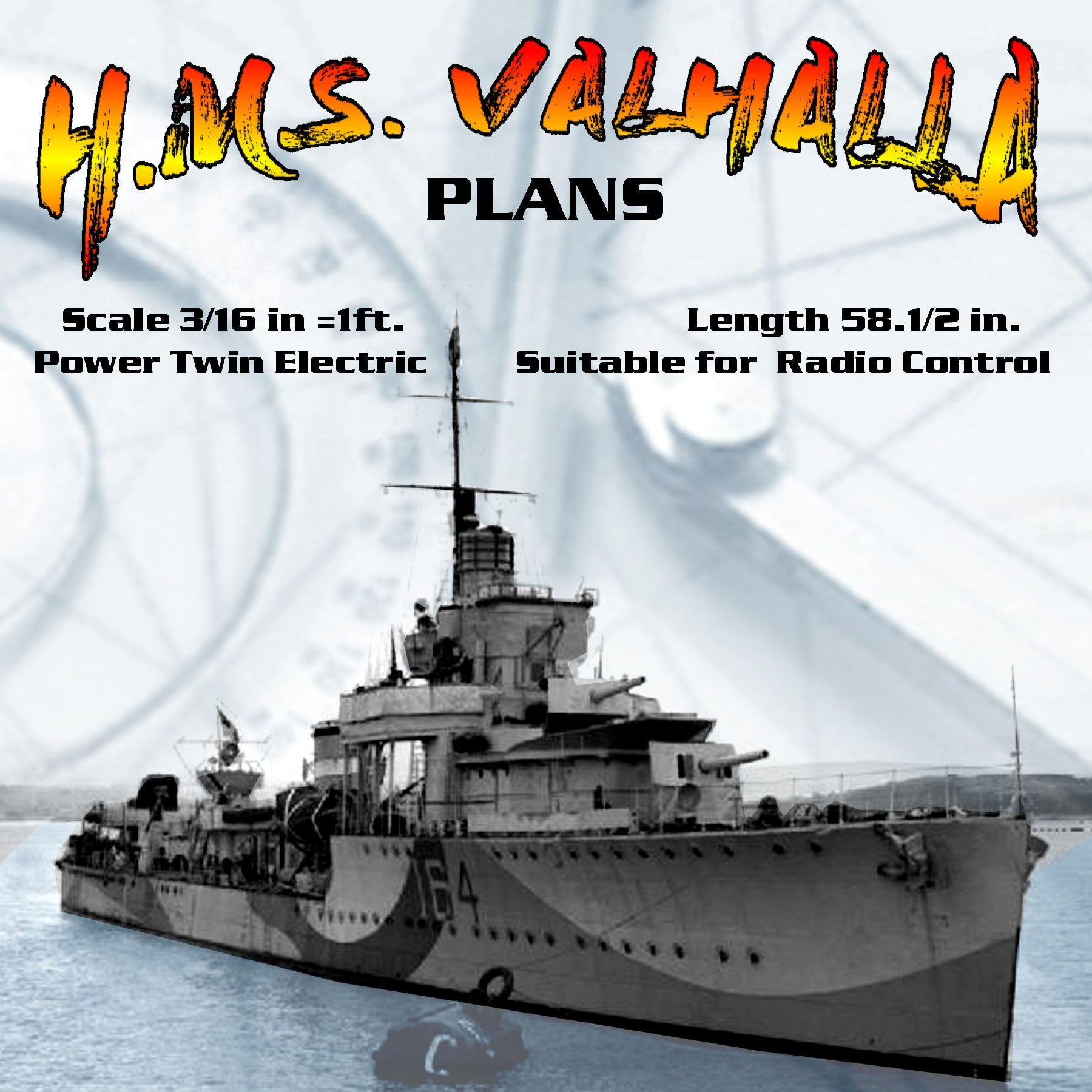 full size printed plans scale 3/16 in to 1ft. v&w destroyers length 58" suitable for radio control