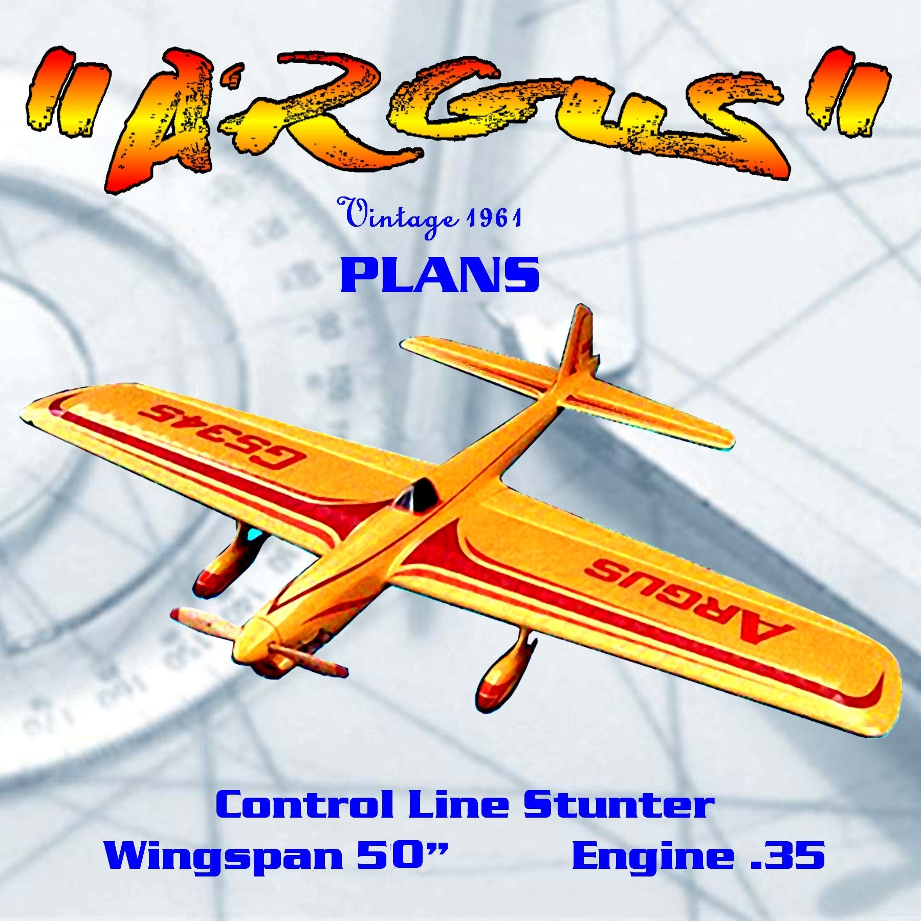 full size printed plans and article w/s 50" .35 engine argus classic stunt