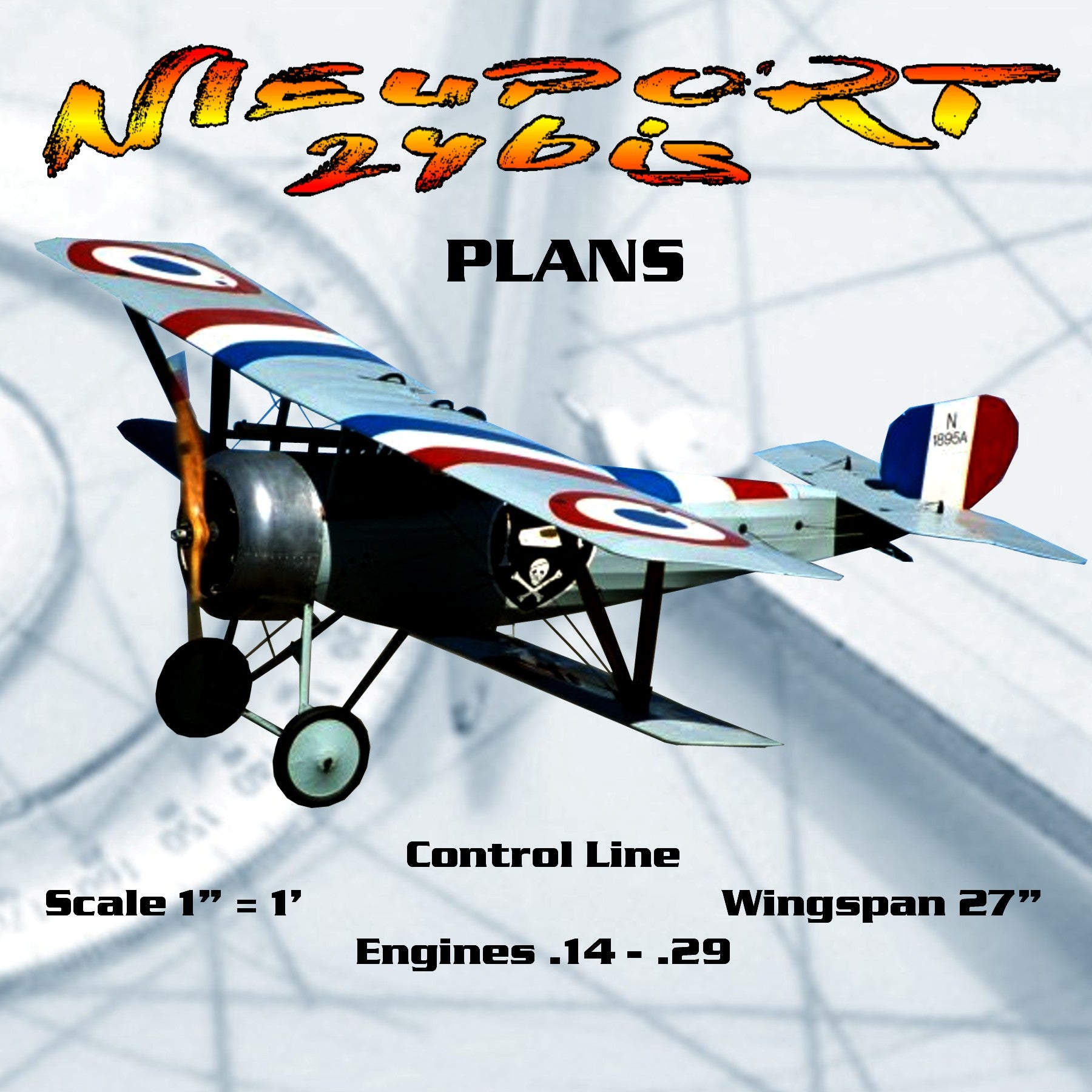 full size printed plans control line  scale 1” = 1’ nieuport 24bis wingspan 27”  engines .14 - .29