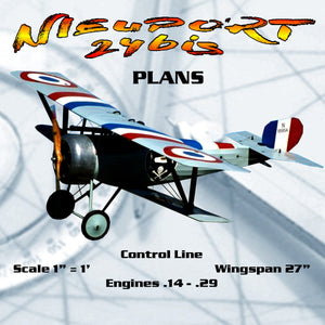 full size printed plans control line  scale 1” = 1’ nieuport 24bis wingspan 27”  engines .14 - .29