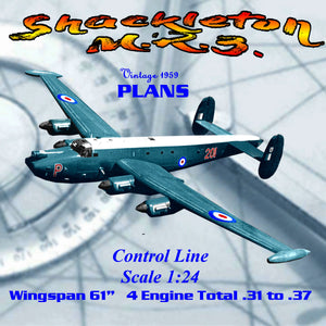 full size printed plan 1959 scale 1/24  control line  61"span "shackleton m.r.3."