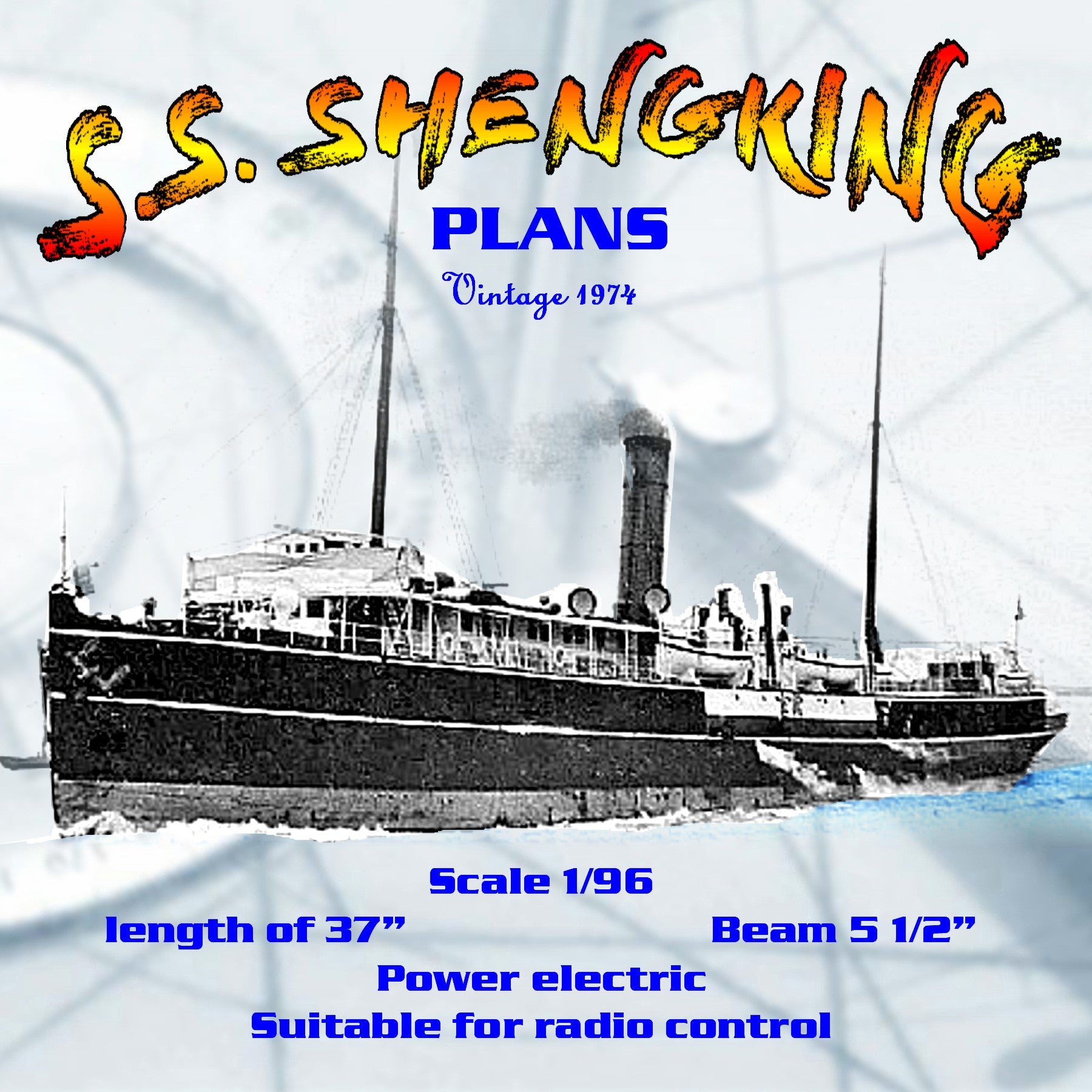 full size printed plan scale 1/96 small passenger-cargo ship "s.s. shengking" suitable for radio control