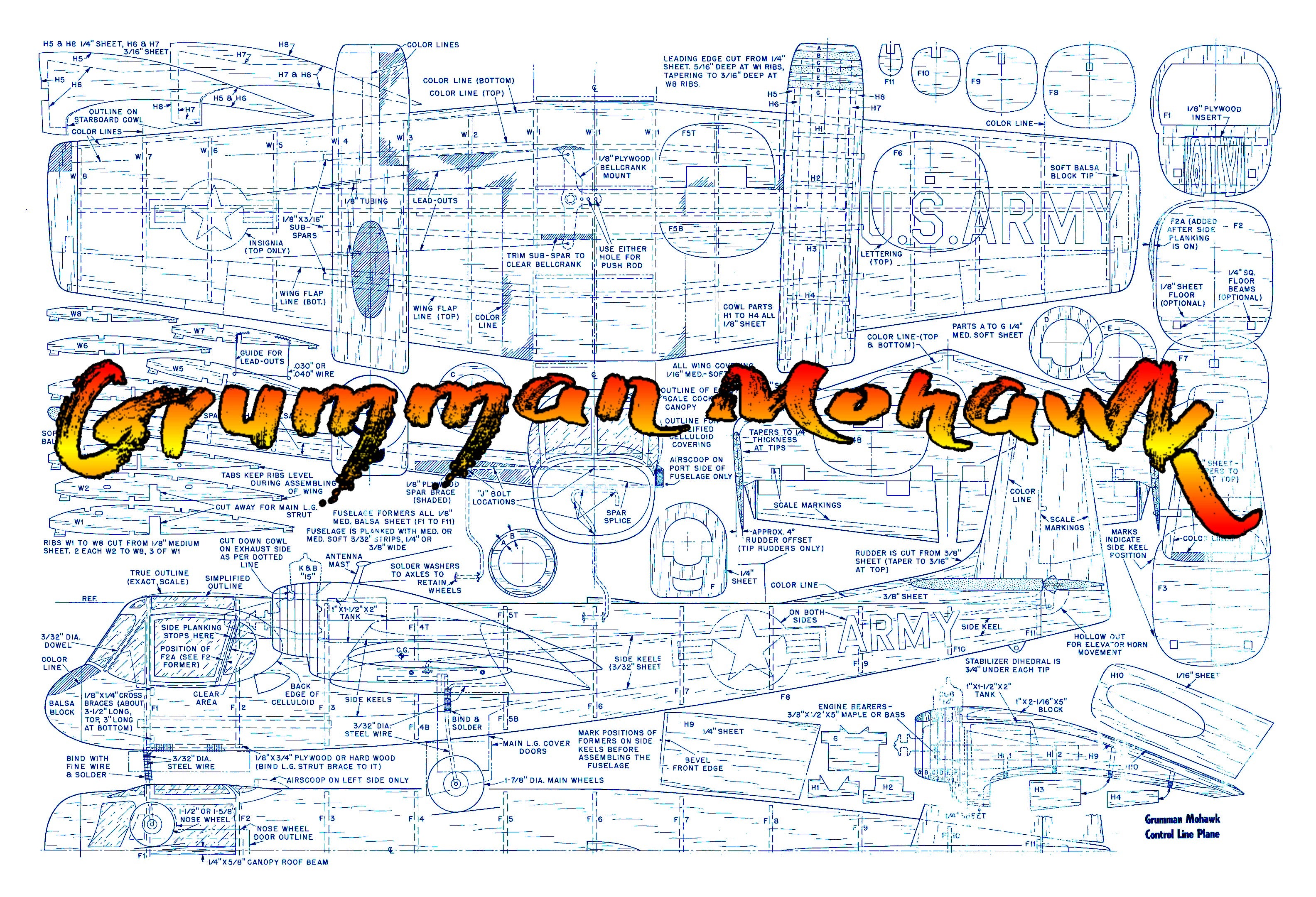 full size plans control line scale 7/8”=1’ wingspan 37” two .15 eng grumman mohawk
