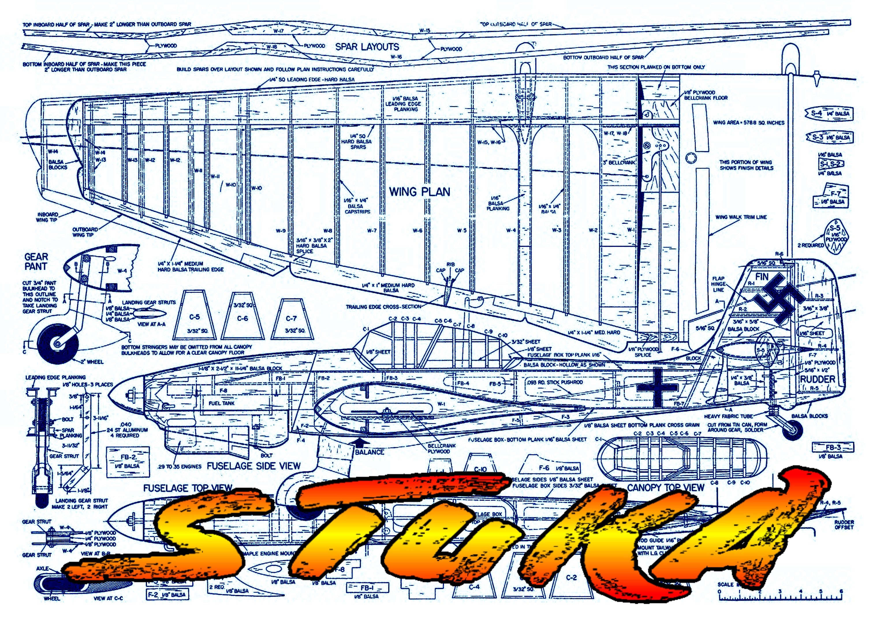 full size plan vintage 1960 .35 control line stunt  stuka spectac­ular scale-stunt aircraft
