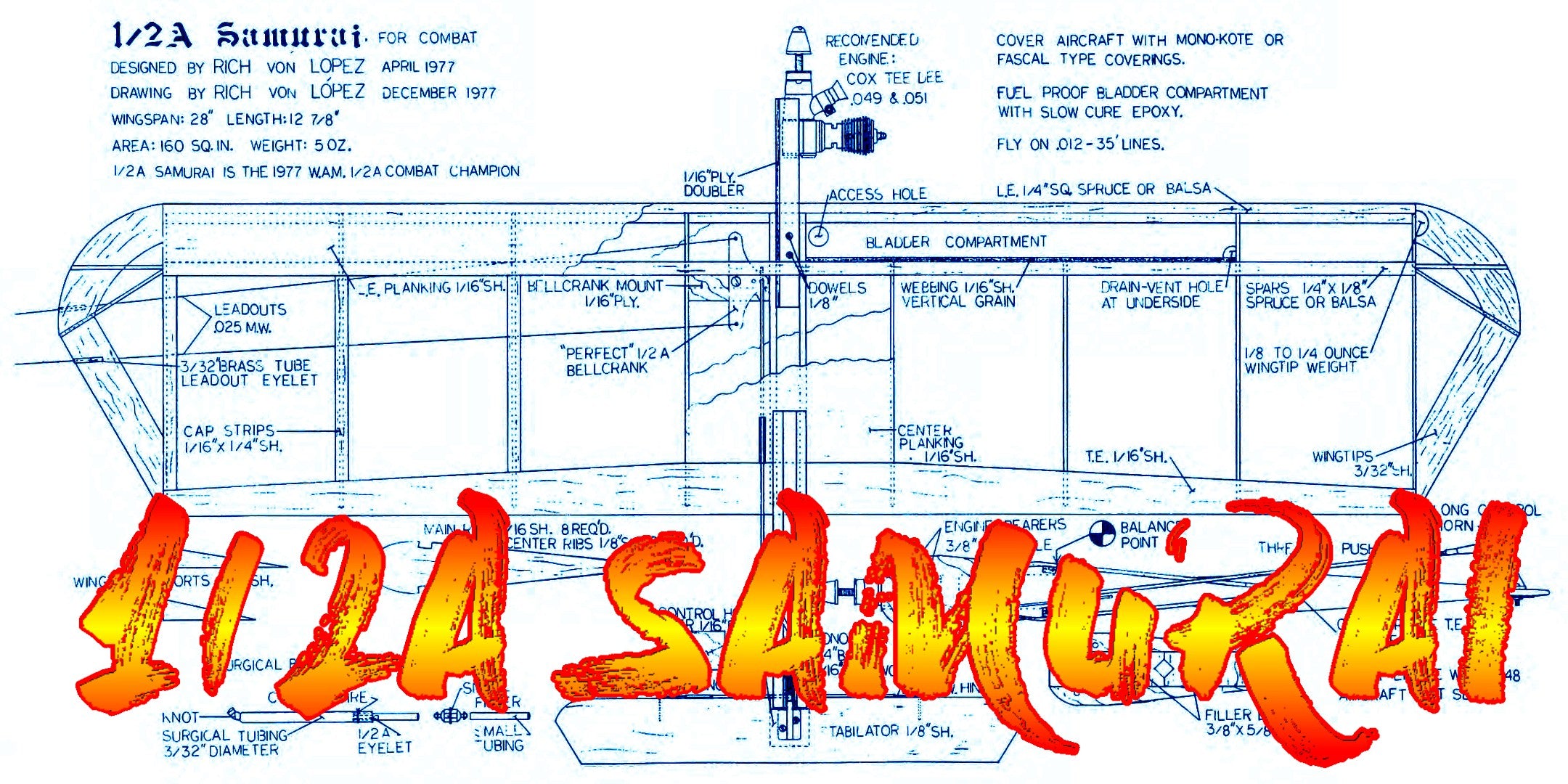 full size printed plan & building notes *1/2a combat samurai* w/s 28” engine 1/2a