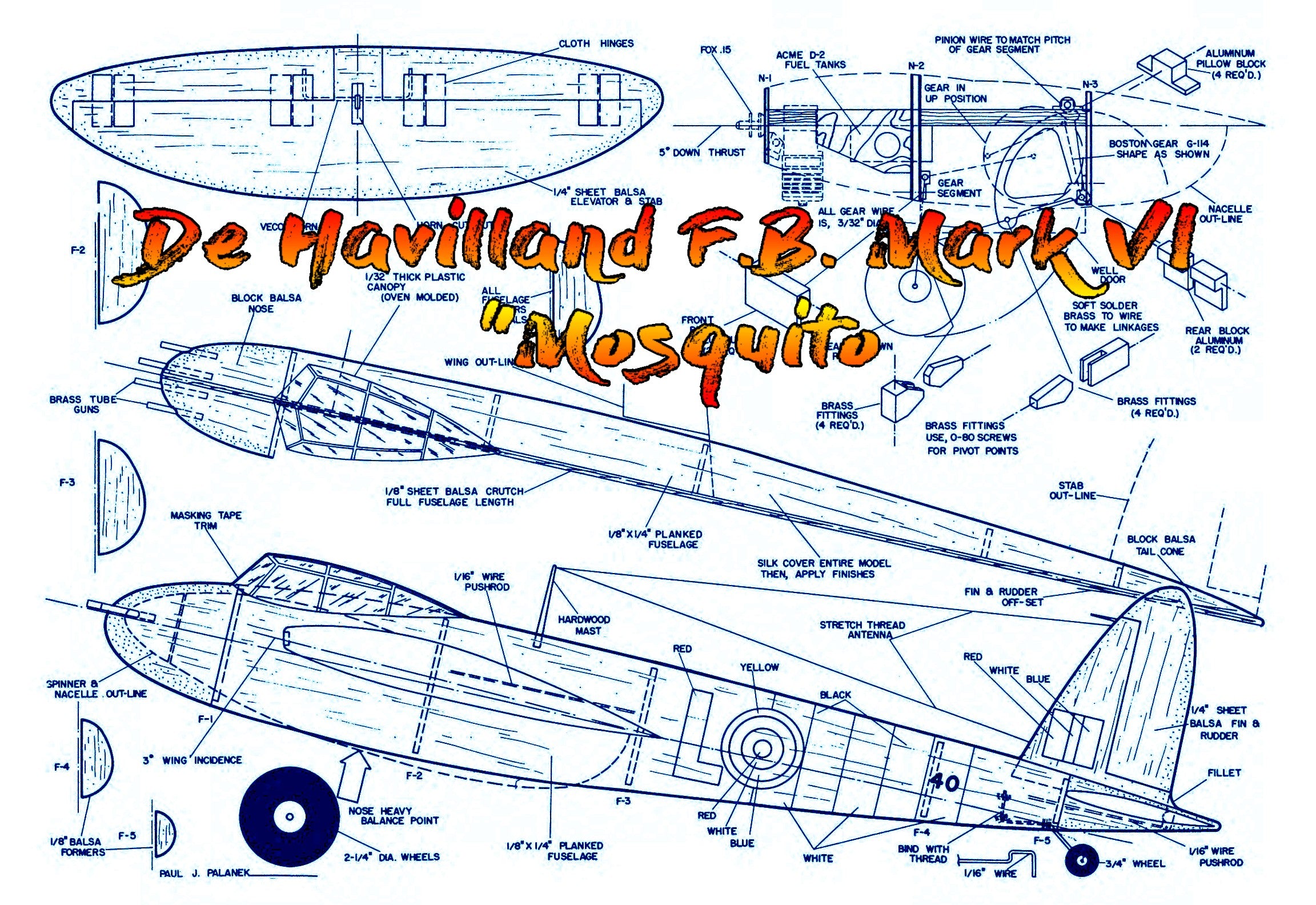 full size printed plan control line  scale 1:17 de havilland f.b. mark vi'  "mosquito" w/s 38"