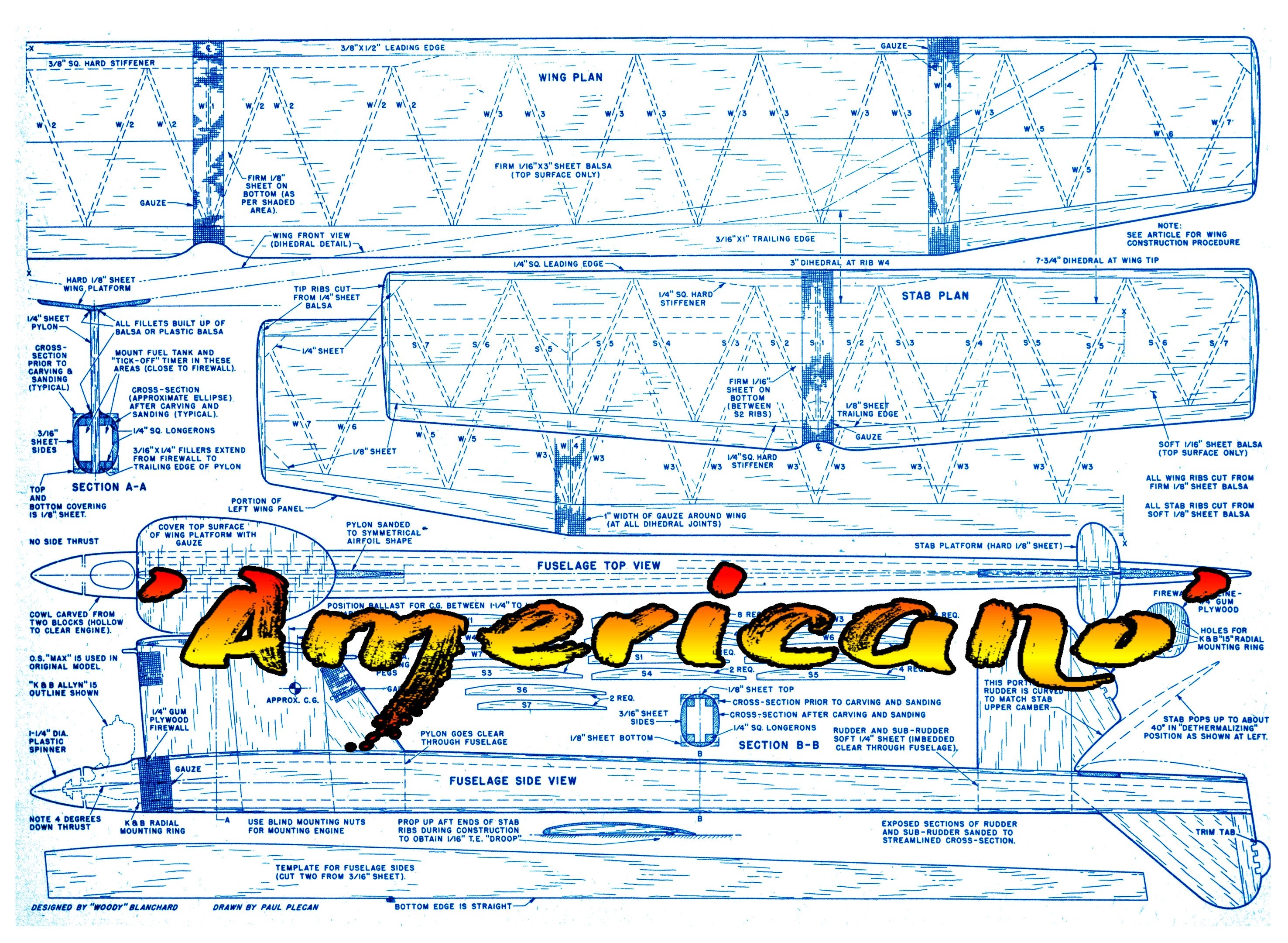 full size printed plan free flight .15 competition 'americano’ rugged, fine performer