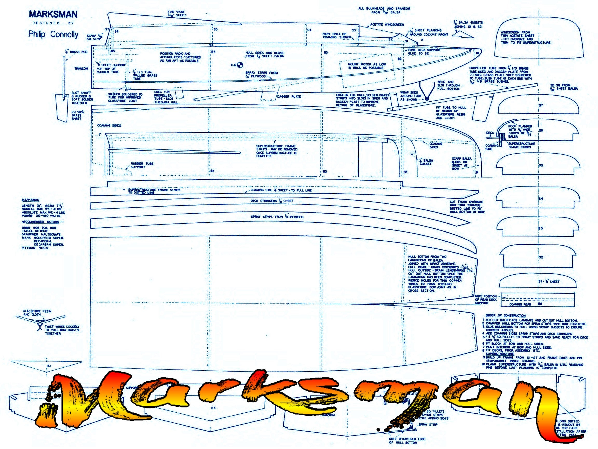 full size printed plans  fast electric model marksman l 21" for radio control